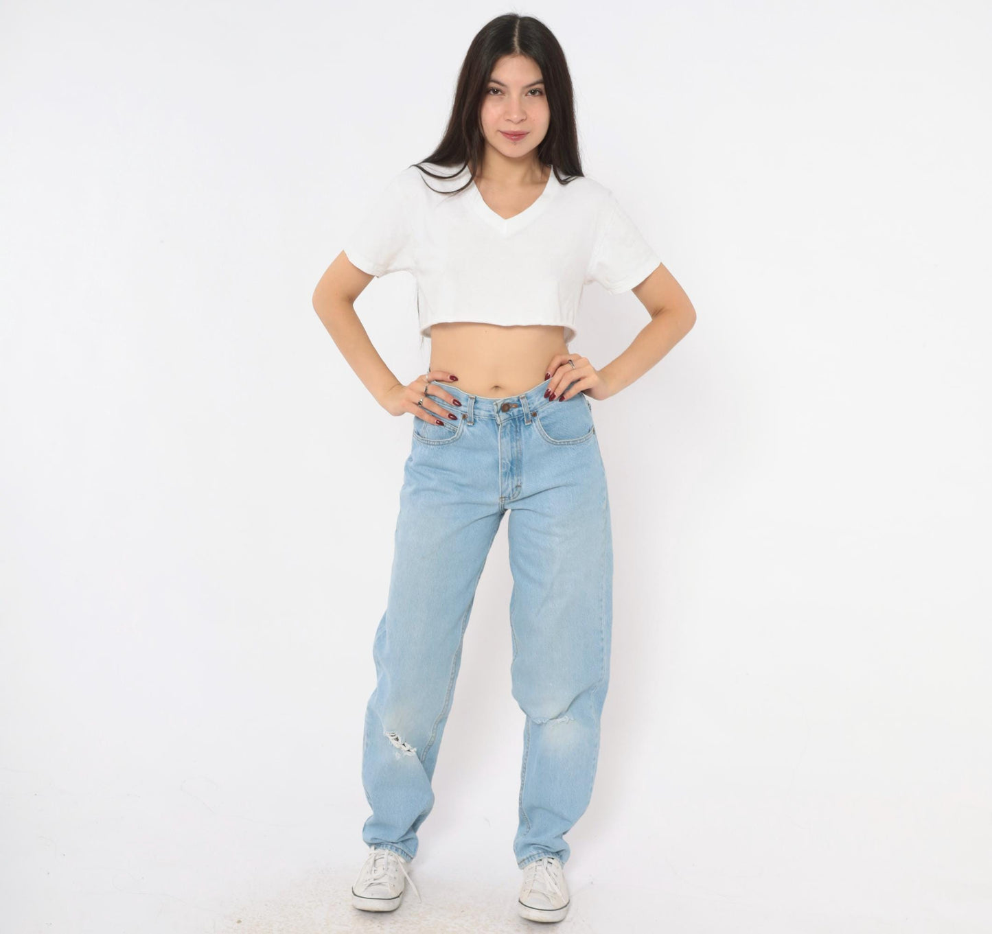 90s Classic Style High Waist Straight Leg Jeans Light Wash Distressed Knee Small