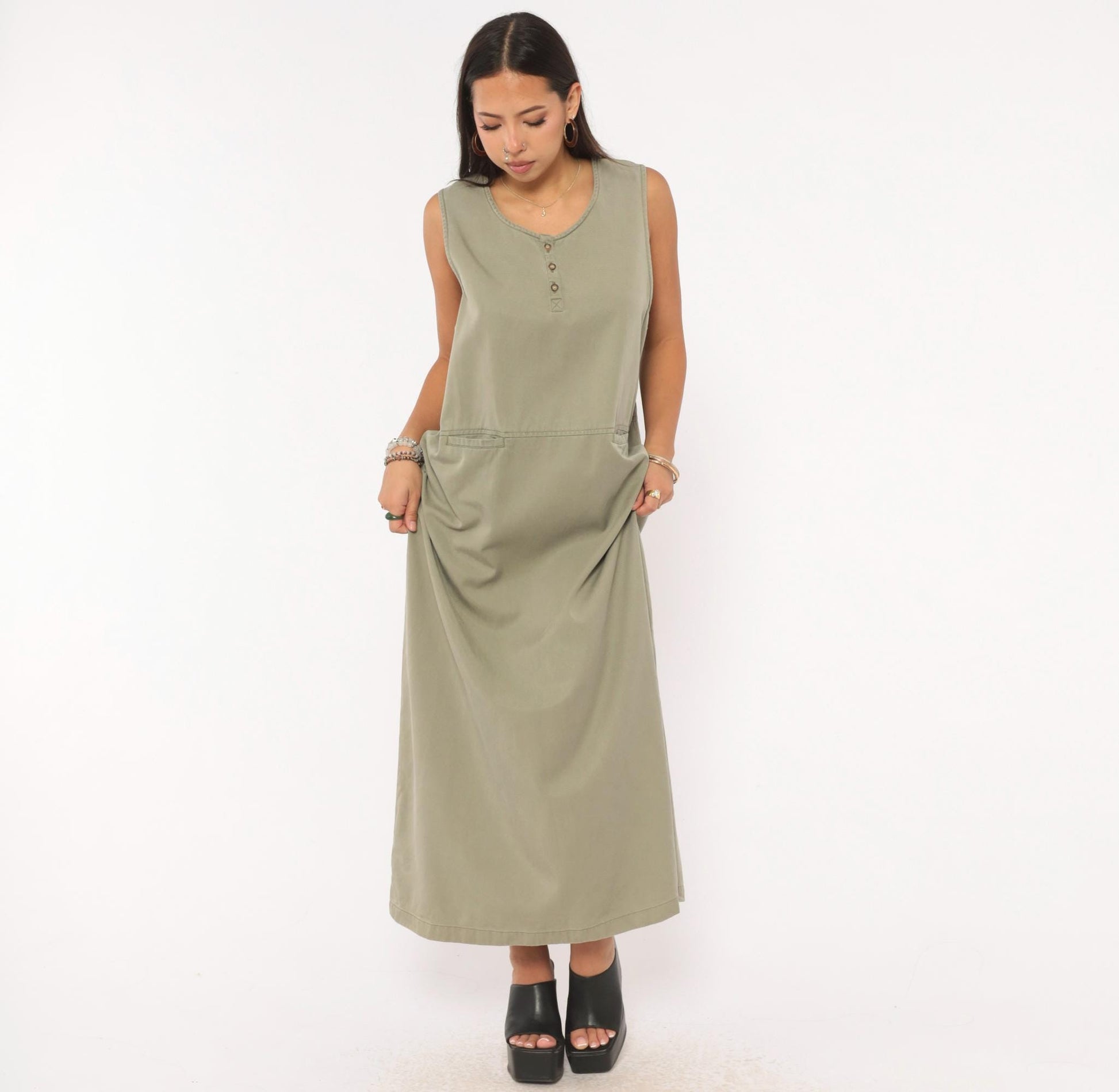 90s L.L.Bean Sleeveless Maxi Dress Sage Olive Cotton A-Line Pockets Extra Large XL