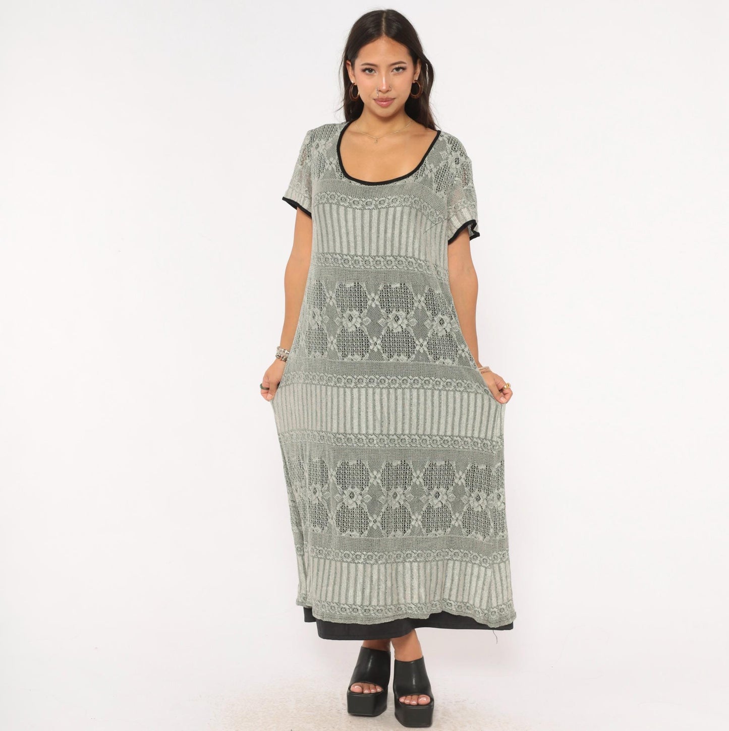 90s Grey Diamond Lace Knit Maxi Dress A-Line Short Sleeve Large L
