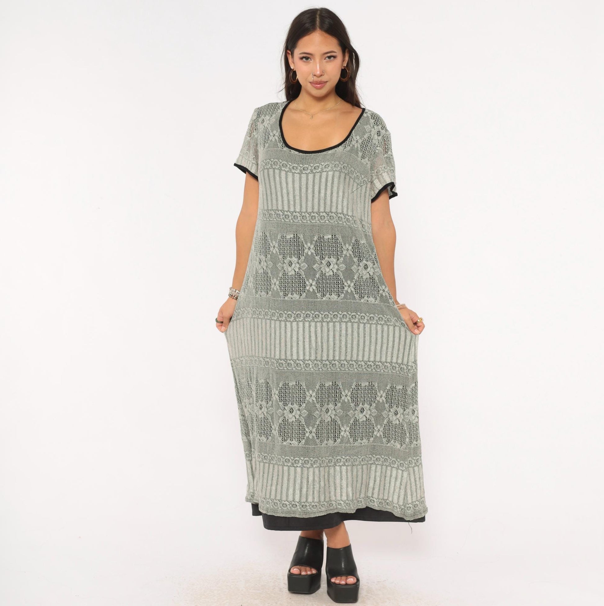 90s Grey Diamond Lace Knit Maxi Dress A-Line Short Sleeve Large L