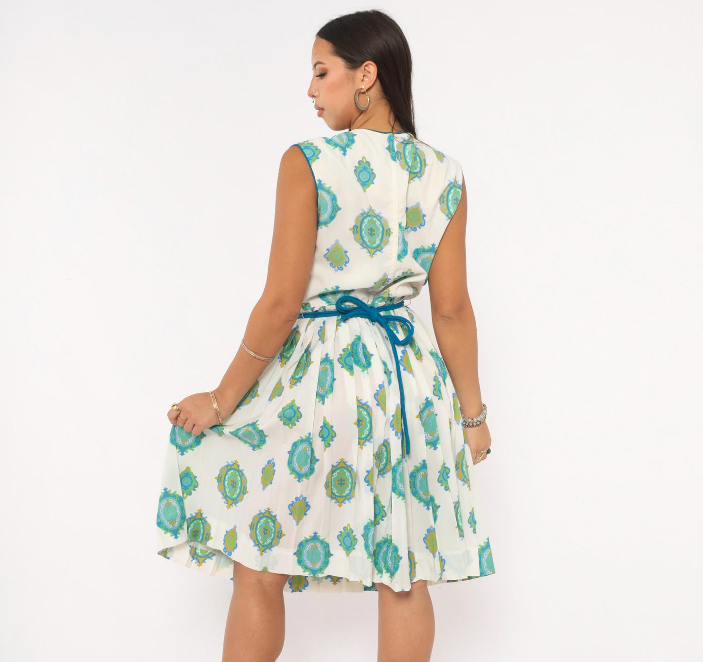 60s R & K Originals Medallion Print Dress Teal White Pleated A-Line Medium