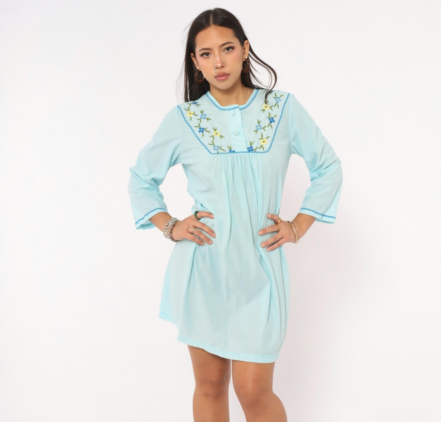 80s Sears Embroidered Floral Nightgown Baby Blue Button Front Mini Small