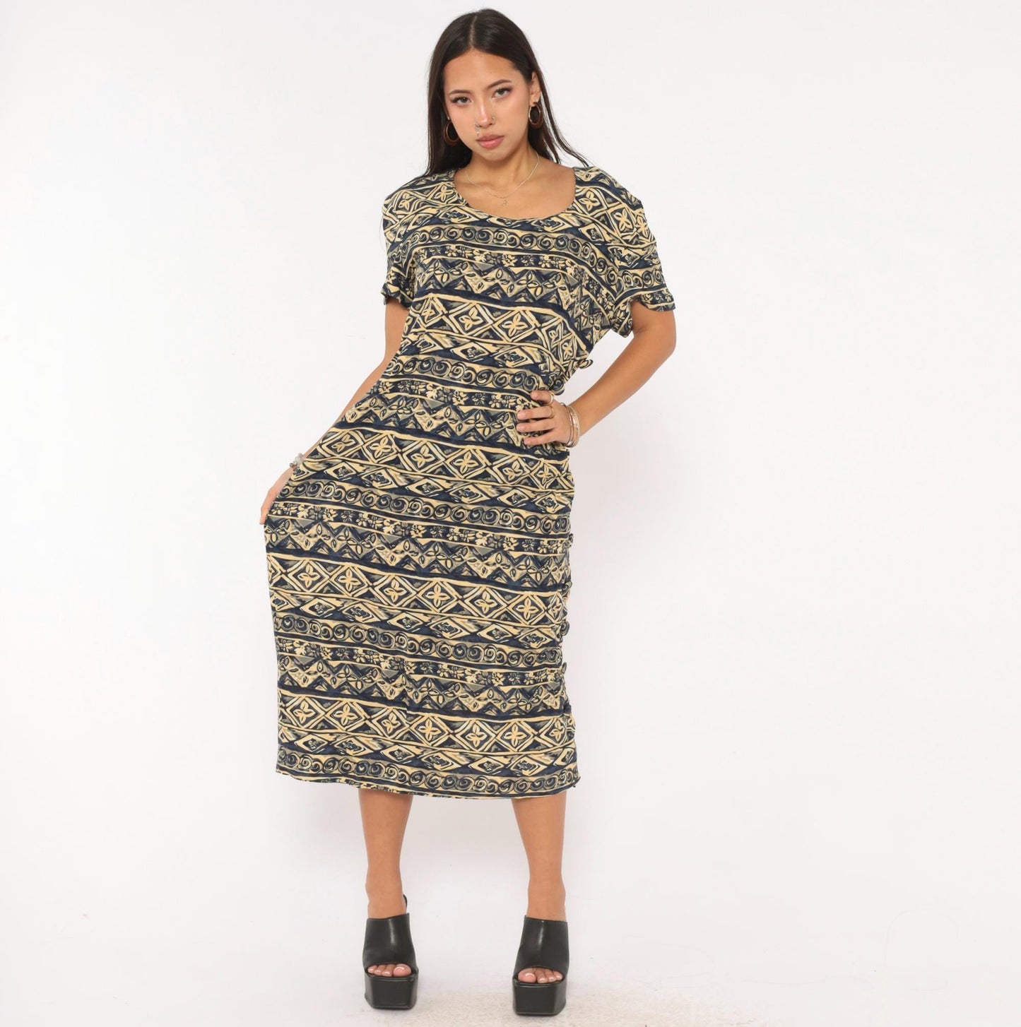 00s Maggy London Tribal Print Midi Dress Navy Cream Geometric Scoop Neck Large L