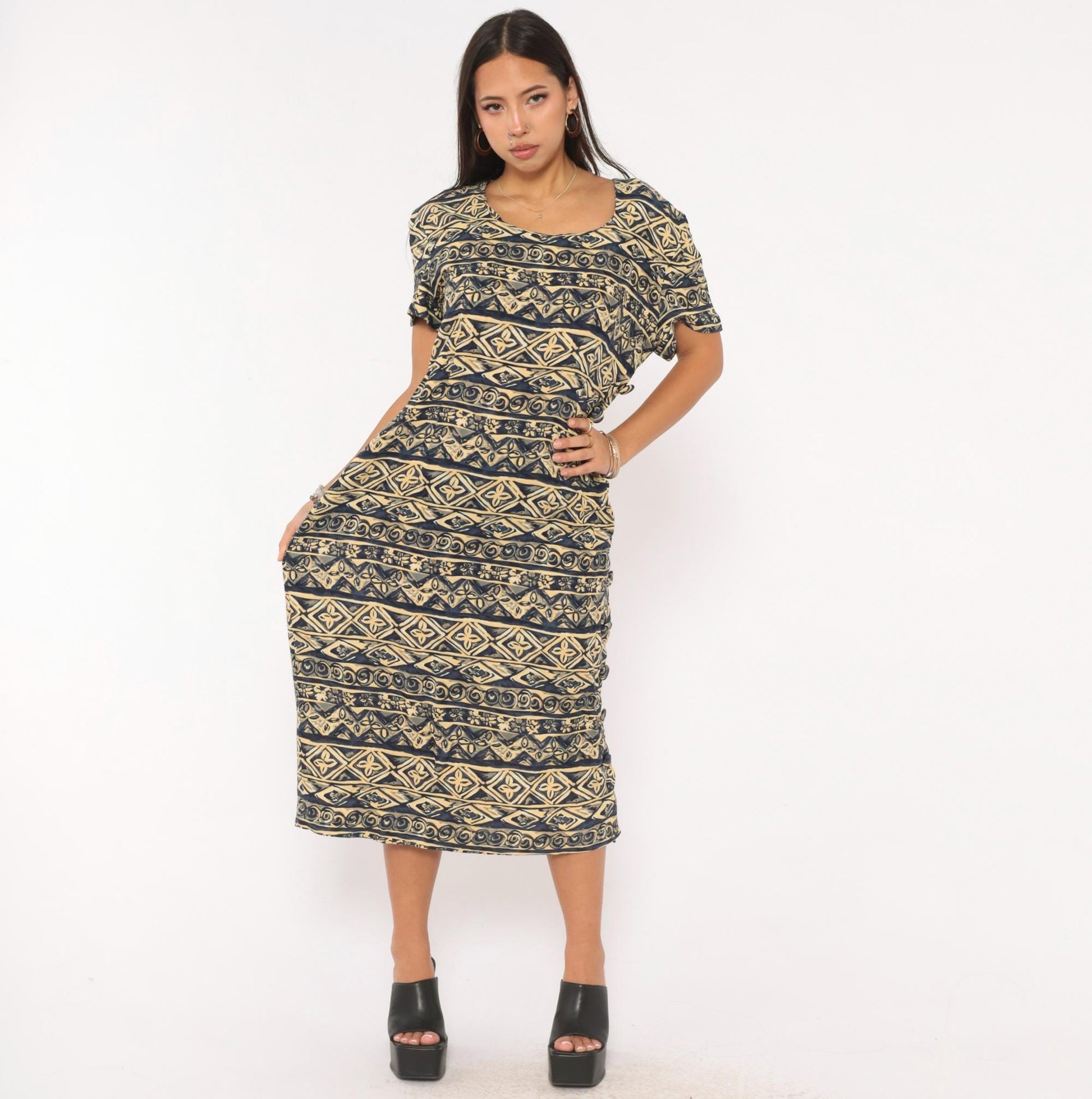 00s Maggy London Tribal Print Midi Dress Navy Cream Geometric Scoop Neck Large L