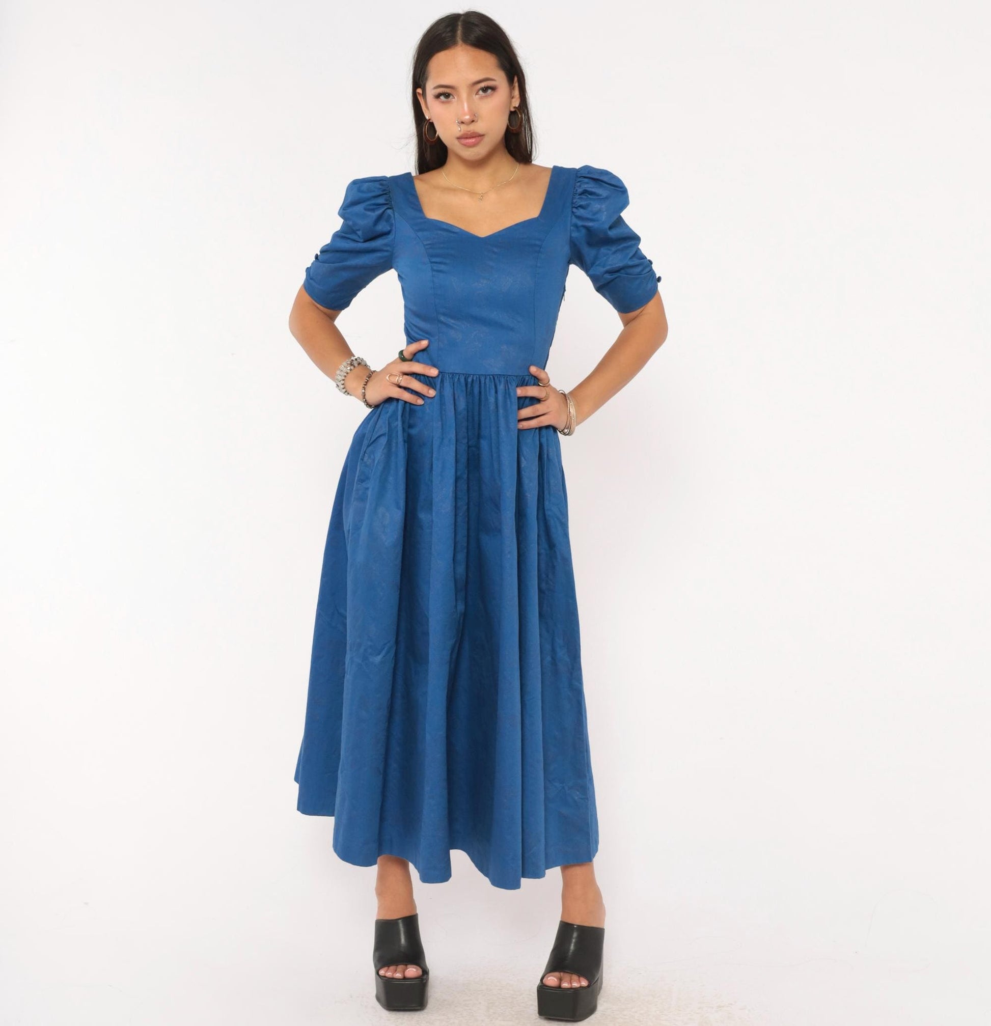 80s Laura Ashley Midi Dress Blue Cotton Puff Sleeve Sweetheart Neckline Extra Small XS