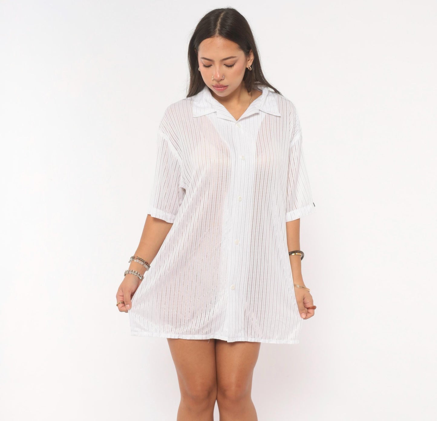 Y2K Solo White Striped Camp Collar Shirt Short Sleeve Plus Size 2X