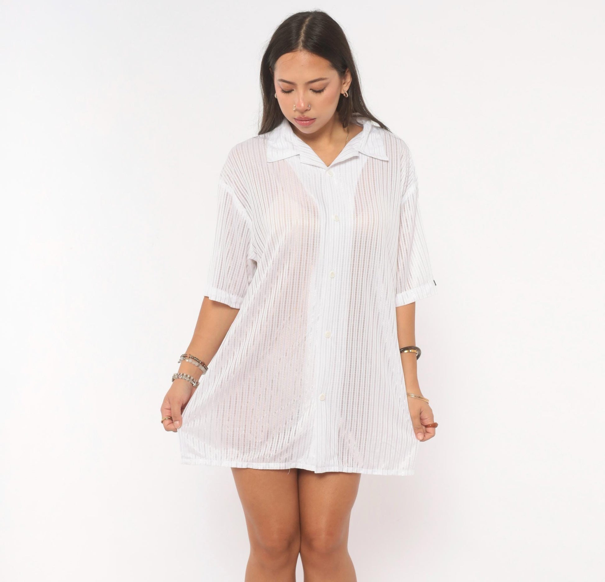 Y2K Solo White Striped Camp Collar Shirt Short Sleeve Plus Size 2X