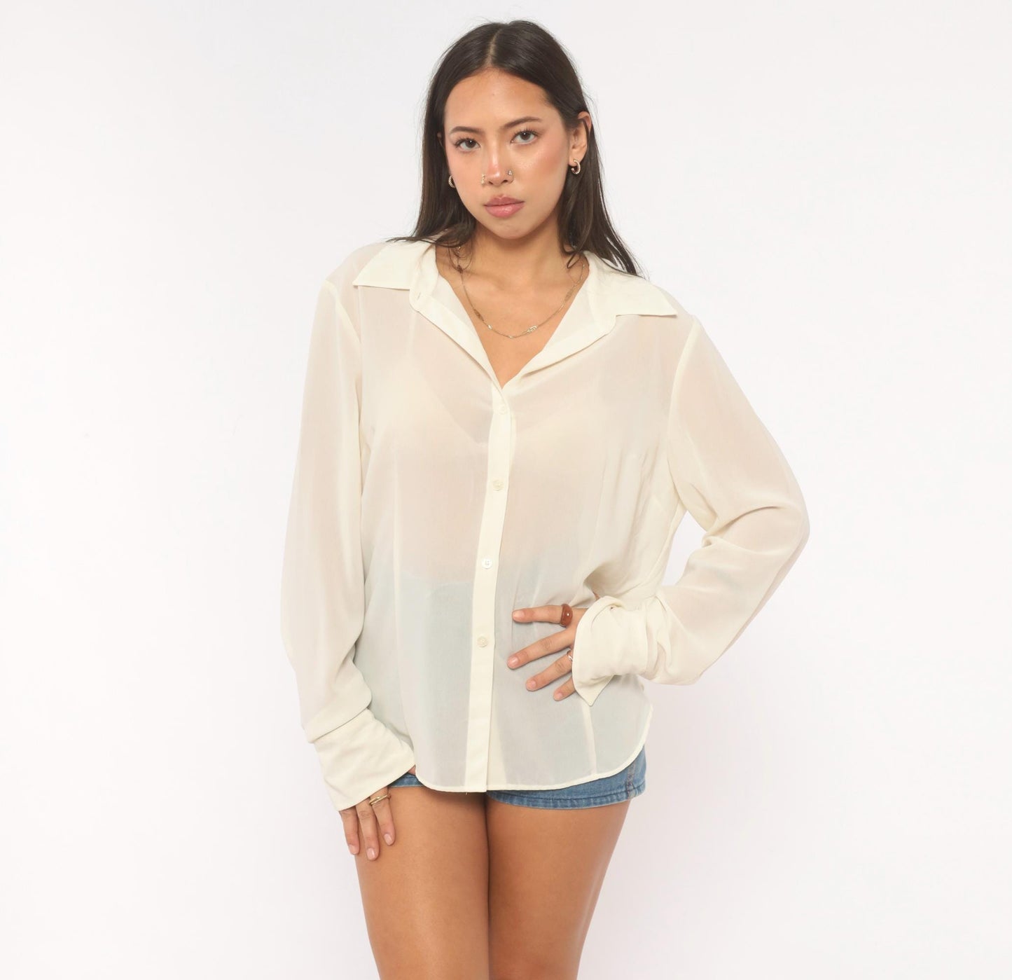 Y2K NY&Co Sheer Cream Button-Front Blouse Pointed Collar Long Sleeve Extra Large XL
