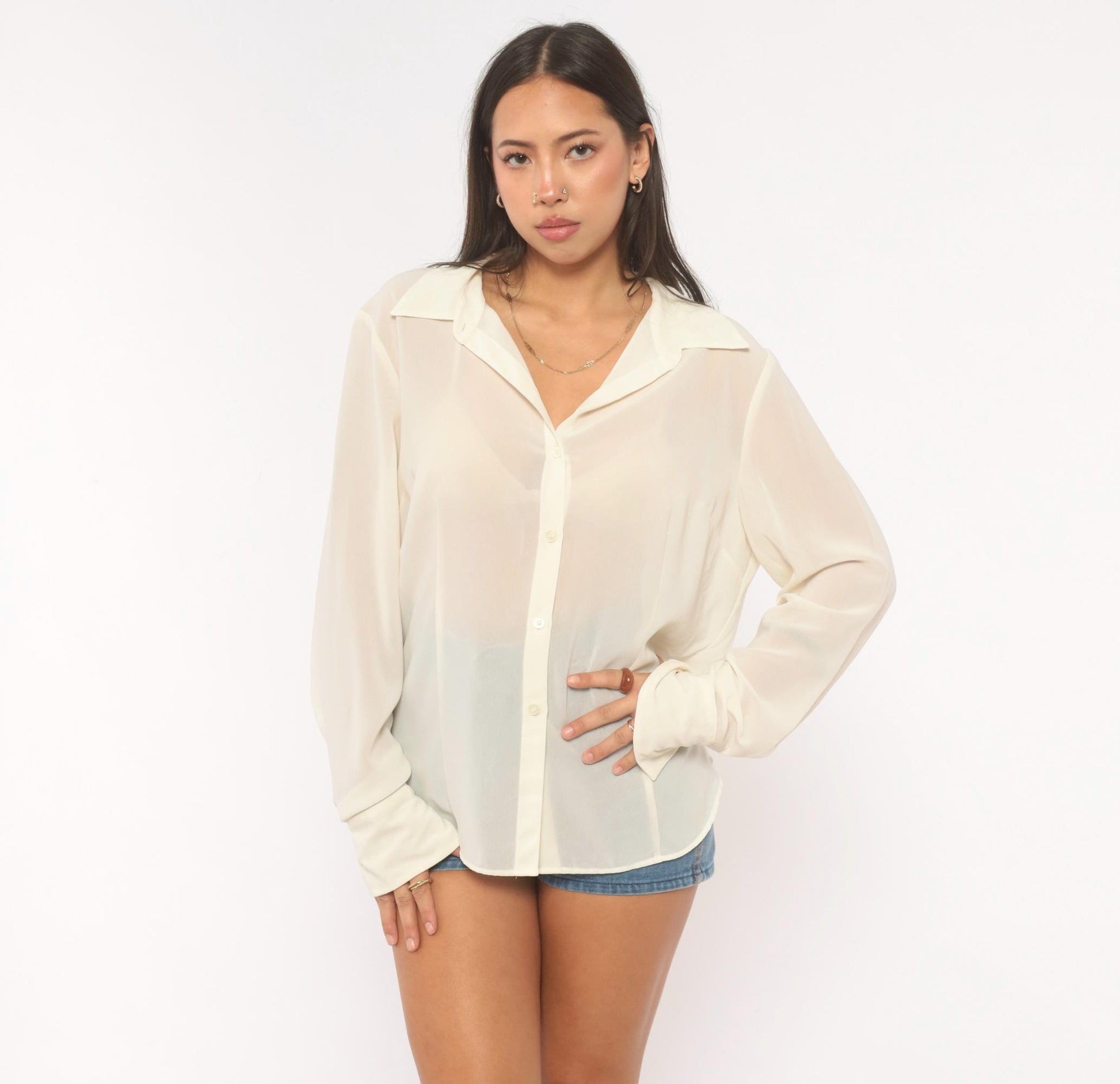 Y2K NY&Co Sheer Cream Button-Front Blouse Pointed Collar Long Sleeve Extra Large XL