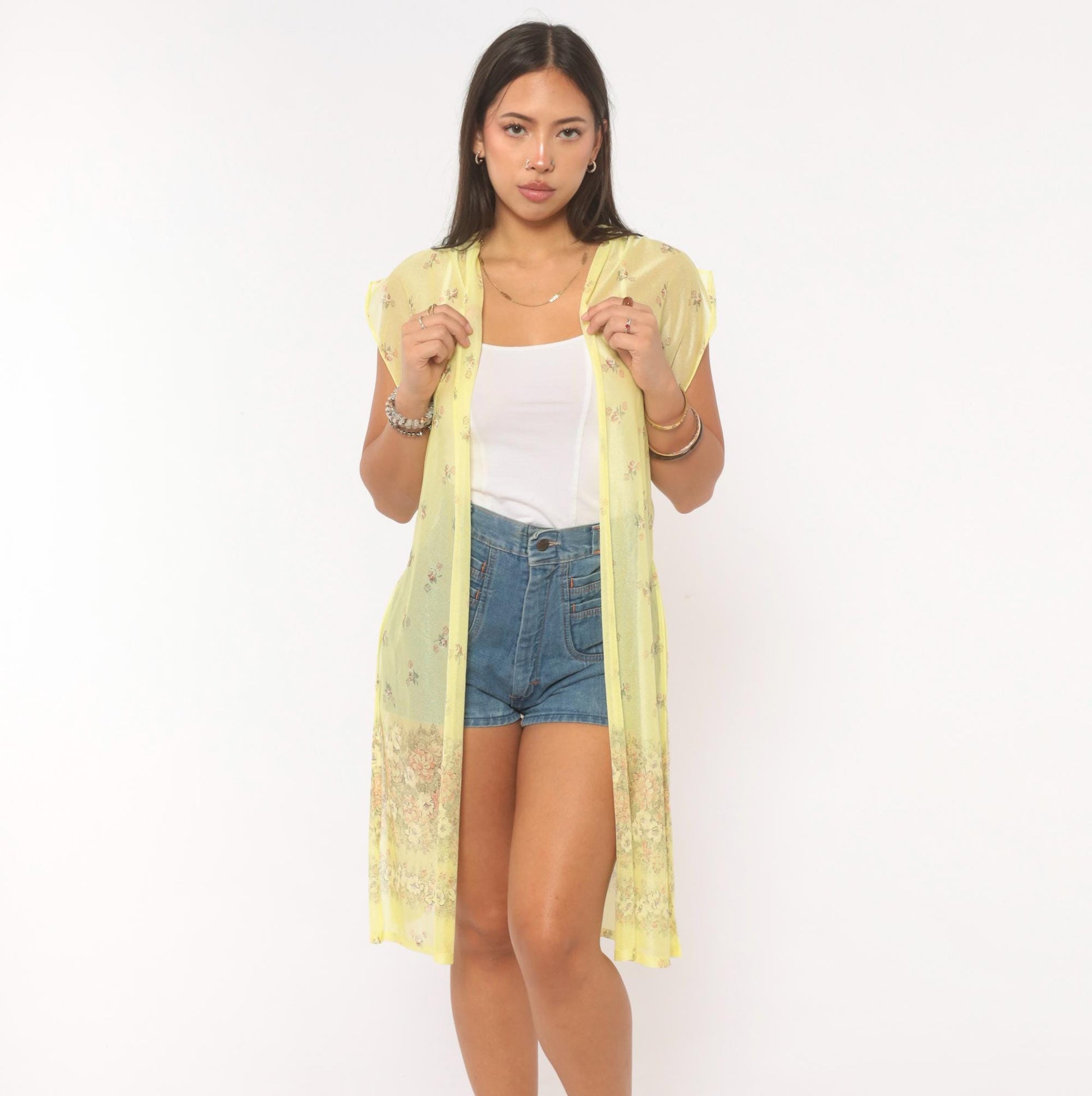 70s Yellow Sheer Floral Duster Cardigan Cap Sleeve Knee-Length Small