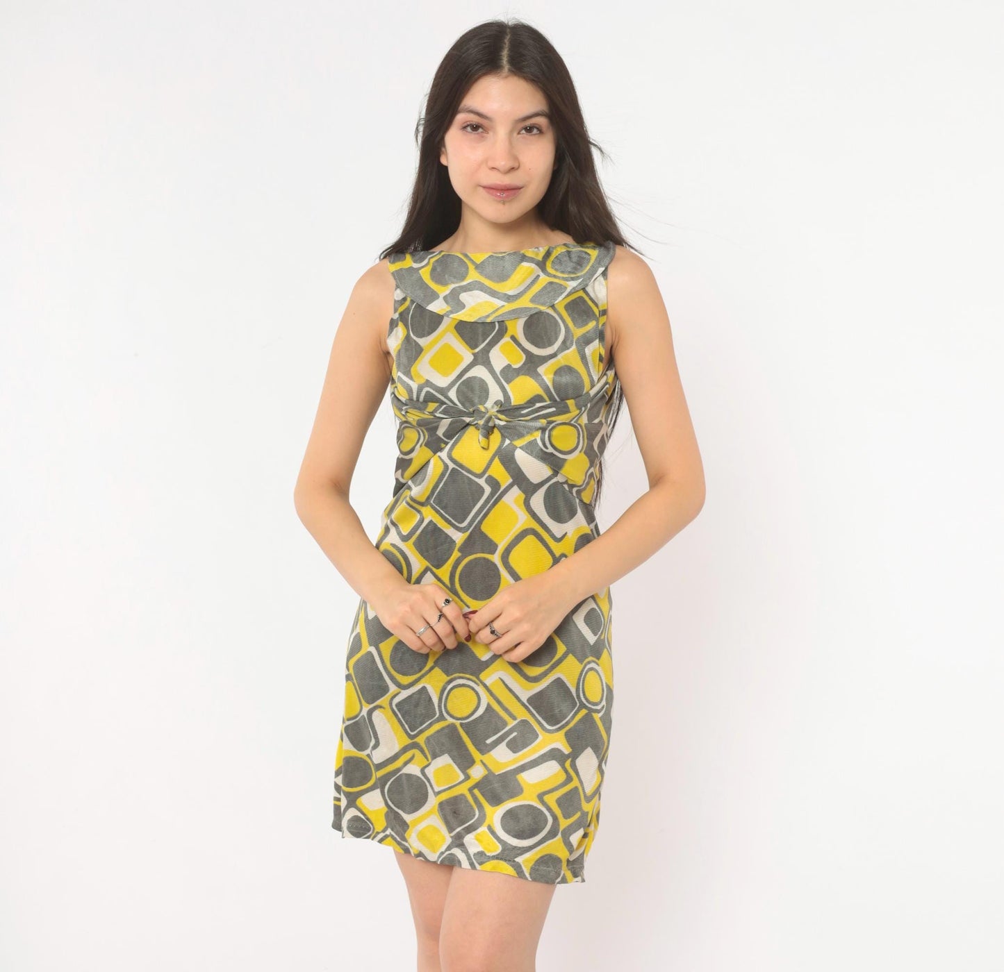 1960s Space Age Mod Mini Dress Yellow Grey Geometric Print Tie Waist Extra Small XS