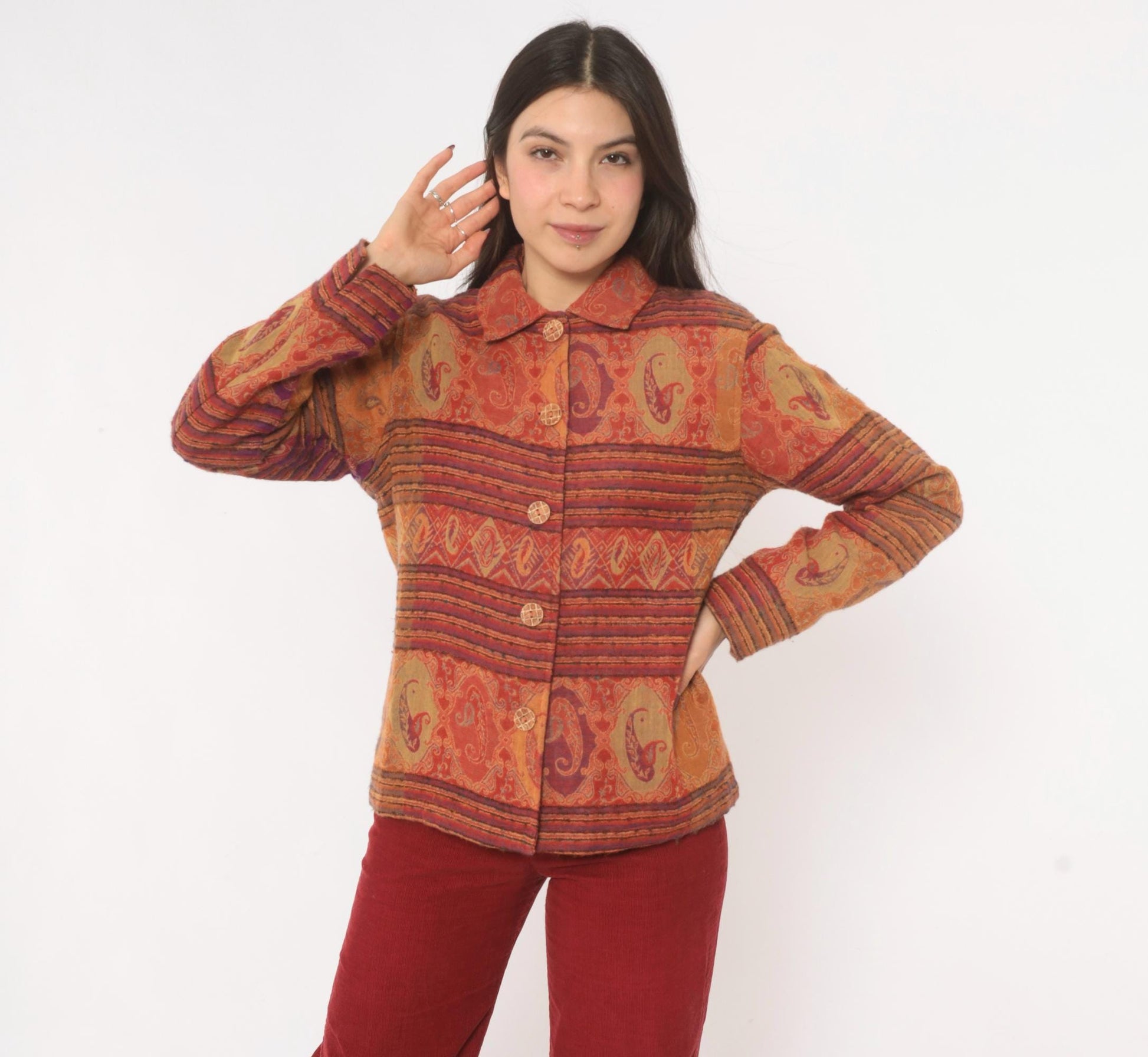 2000s Coldwater Creek Paisley Wool Jacket Rust Copper Plum XS