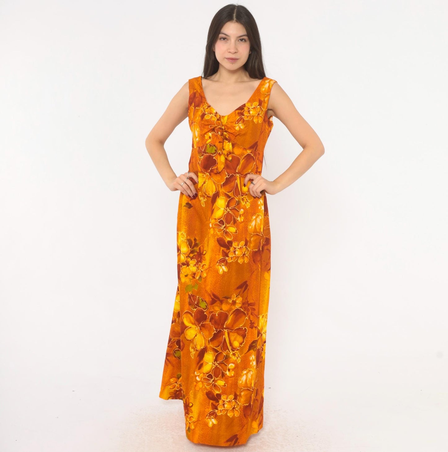 70s Kawika of Hawaii Maxi Dress Orange Floral Empire Waist Medium