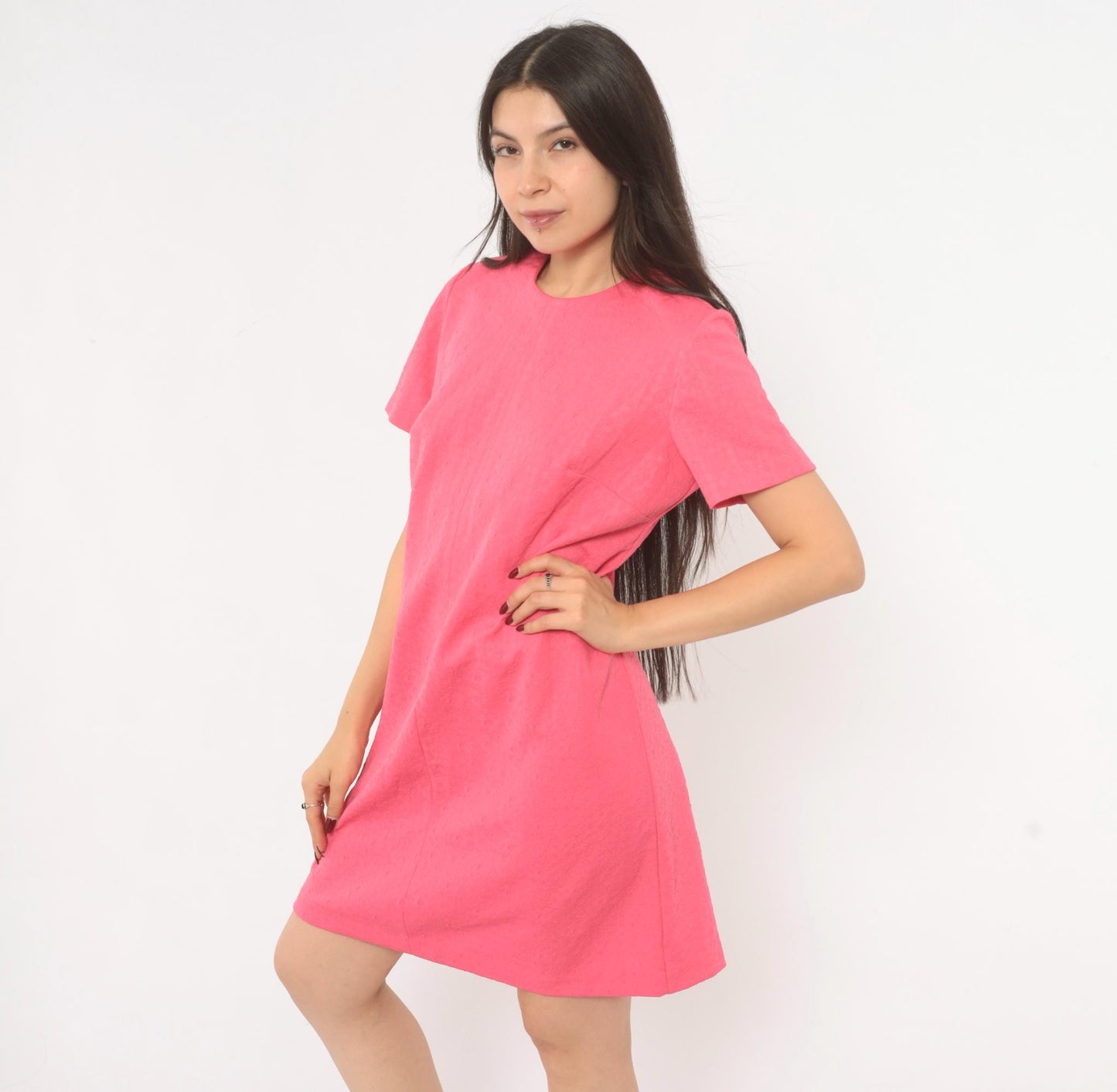 70s Hot Pink Shift Dress Jacquard Crew Neck A-Line Knee Length Medium M