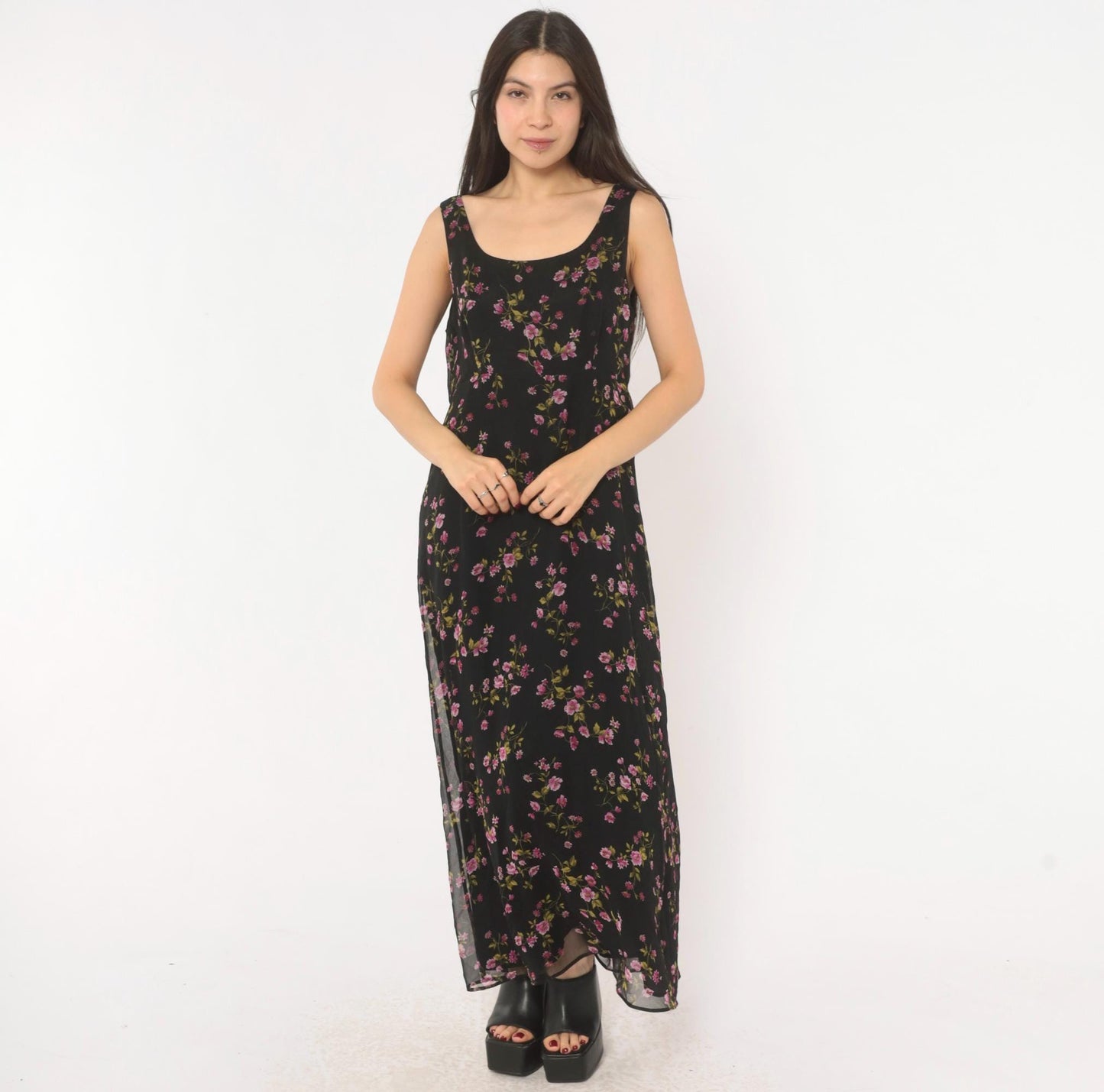 90s Robbie Bee Black Floral Silk Maxi Dress Purple Pink Scoop Neck Medium