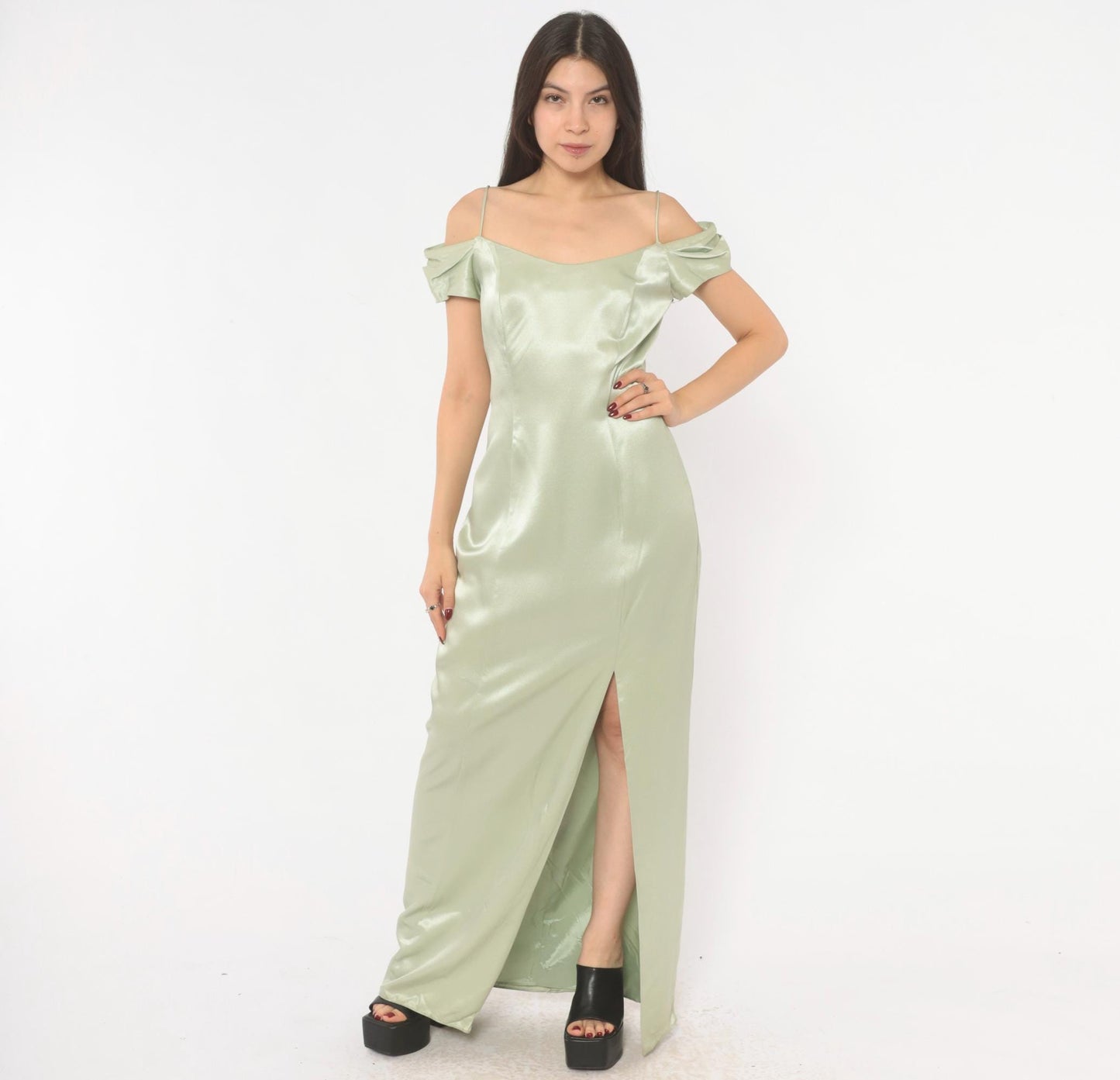 90s Bill Levkoff Sage Green Cold Shoulder Maxi Gown Medium M
