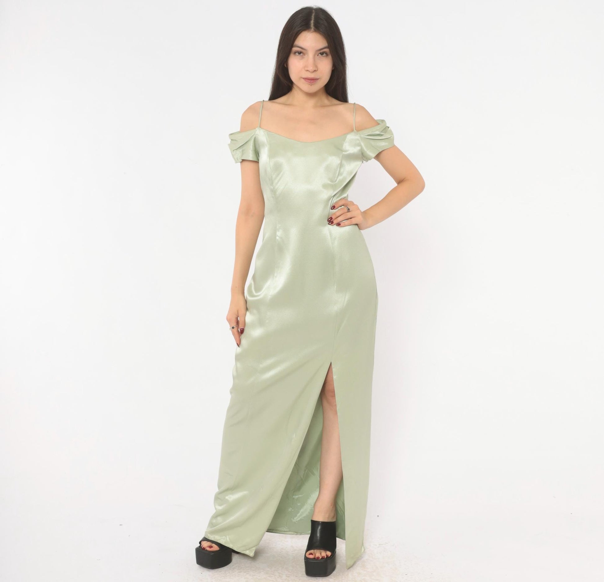 90s Bill Levkoff Sage Green Cold Shoulder Maxi Gown Medium M