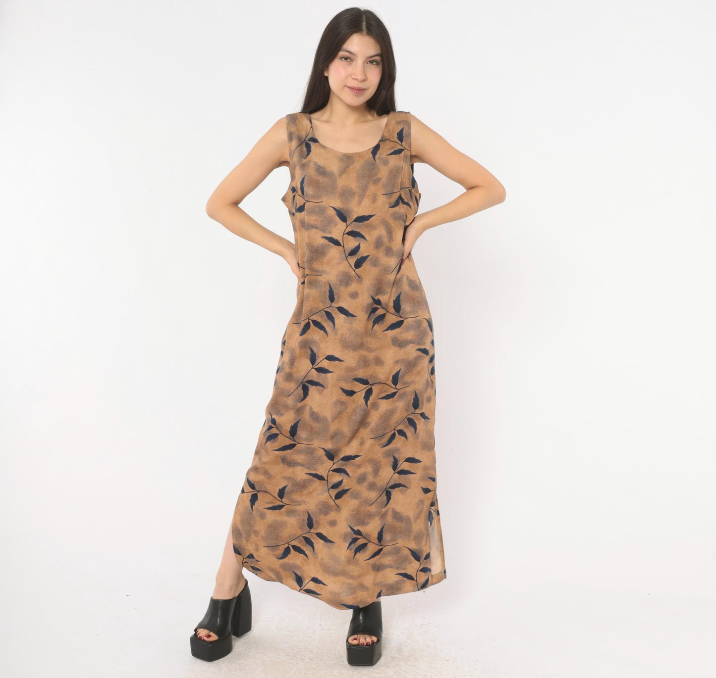 90s Miss Dorby Leaf Print Maxi Dress Tan Navy Sleeveless Medium M