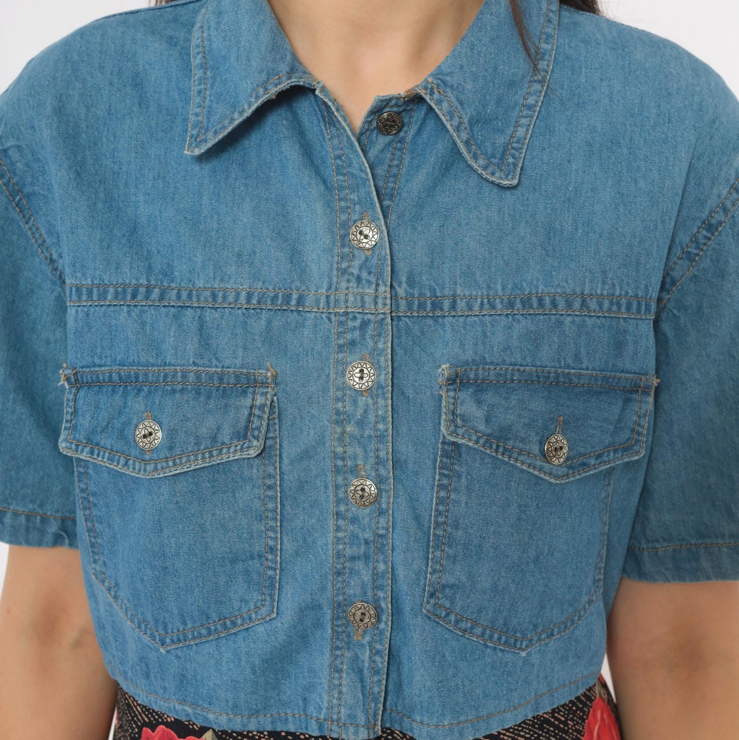 90s M.P.H. Denim Floral Mini Dress Button Front Collared Medium M