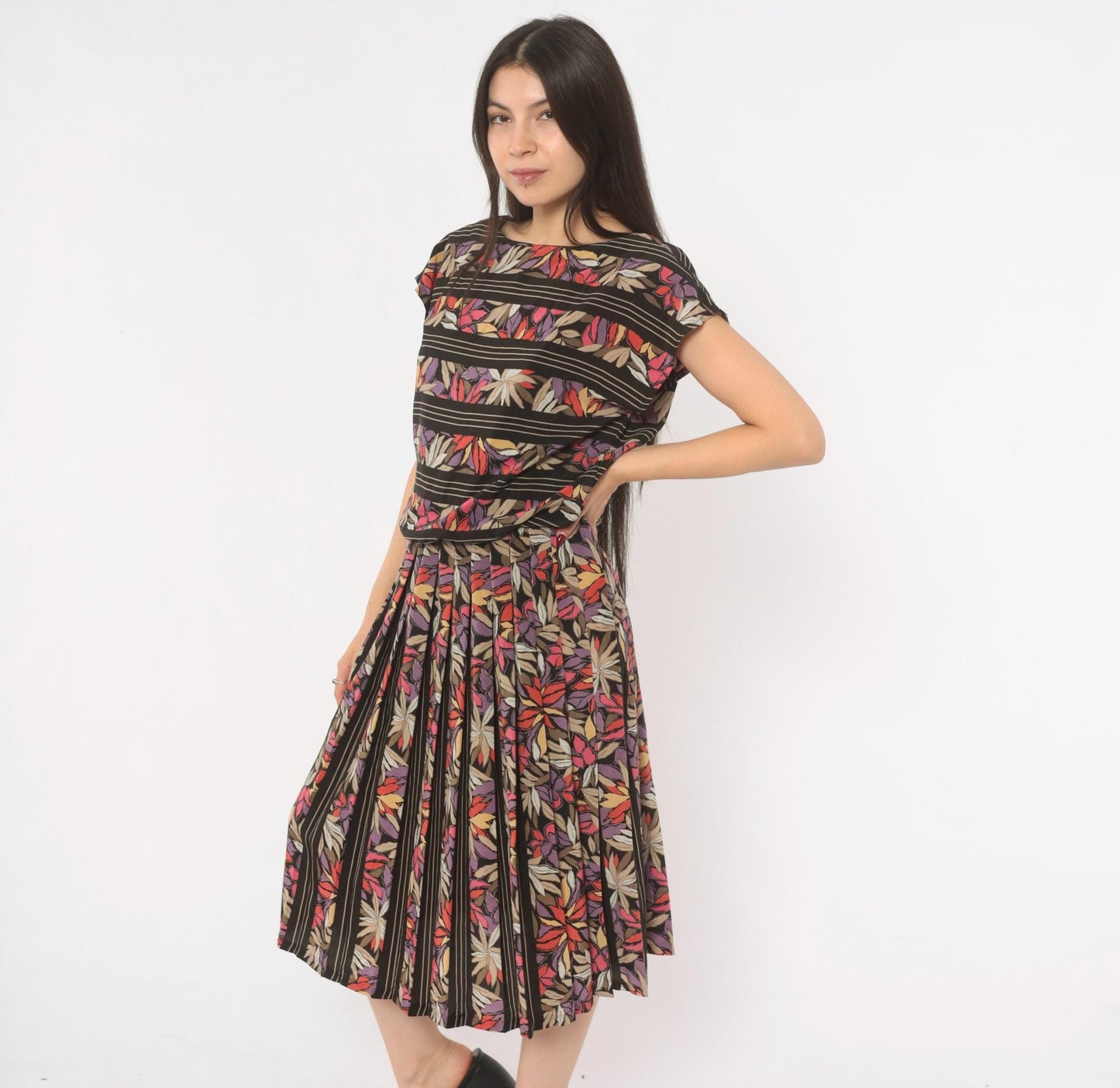 80s Secrets Botanical Leaf Print Midi Dress Black Cap Sleeve Drop Waist Small