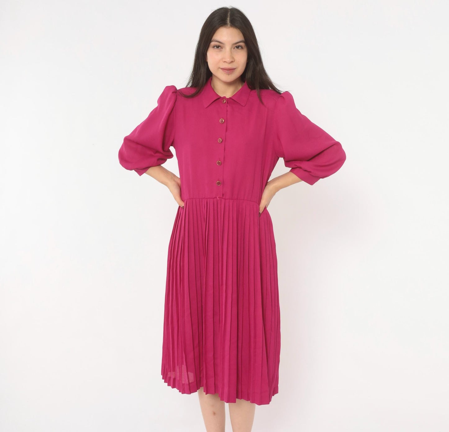 80s Sabino Petites Fuchsia Pleated Shirt Dress Puff Sleeve Knee Length Small