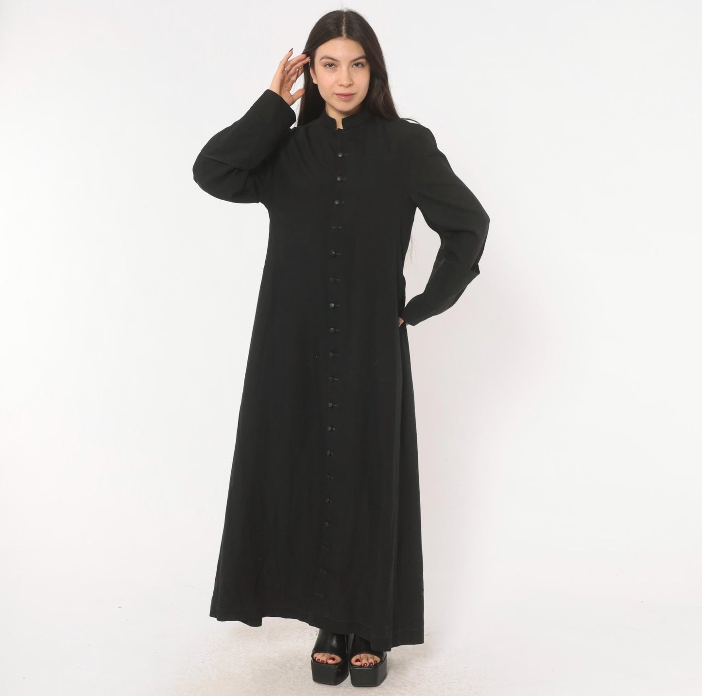 90s Black Maxi Dress Mandarin Collar Button Front Long Sleeve Medium