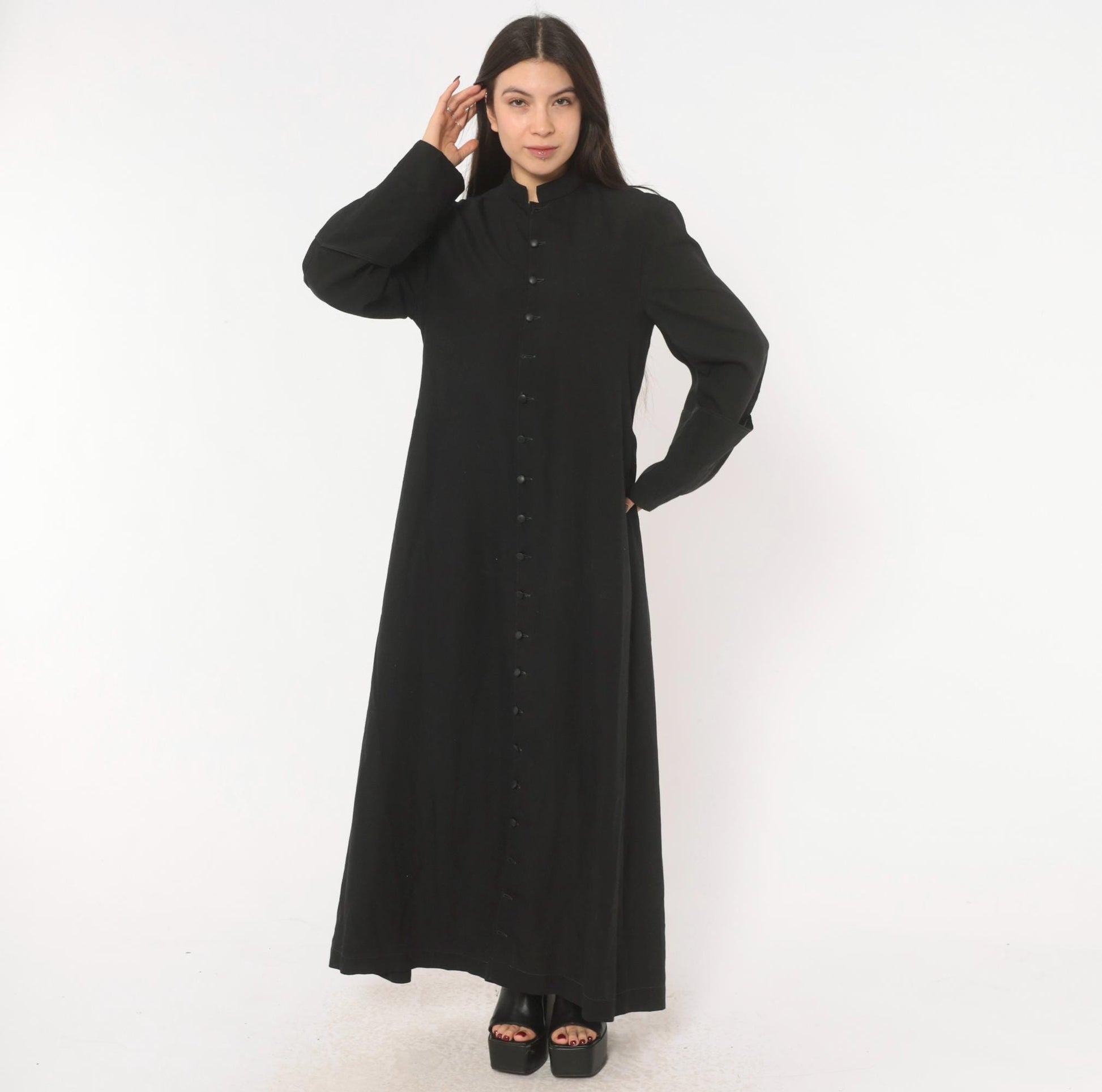 90s Black Maxi Dress Mandarin Collar Button Front Long Sleeve Medium