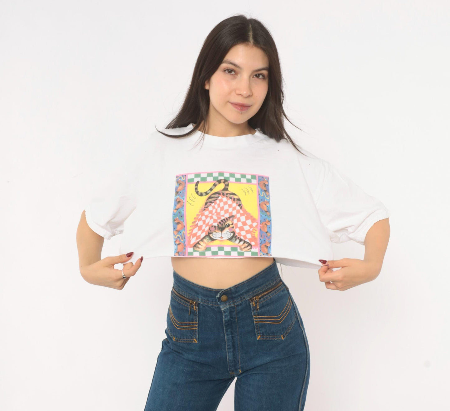90s Fruit Of The Loom Cat Checkered Graphic Crop Top White Cotton Medium