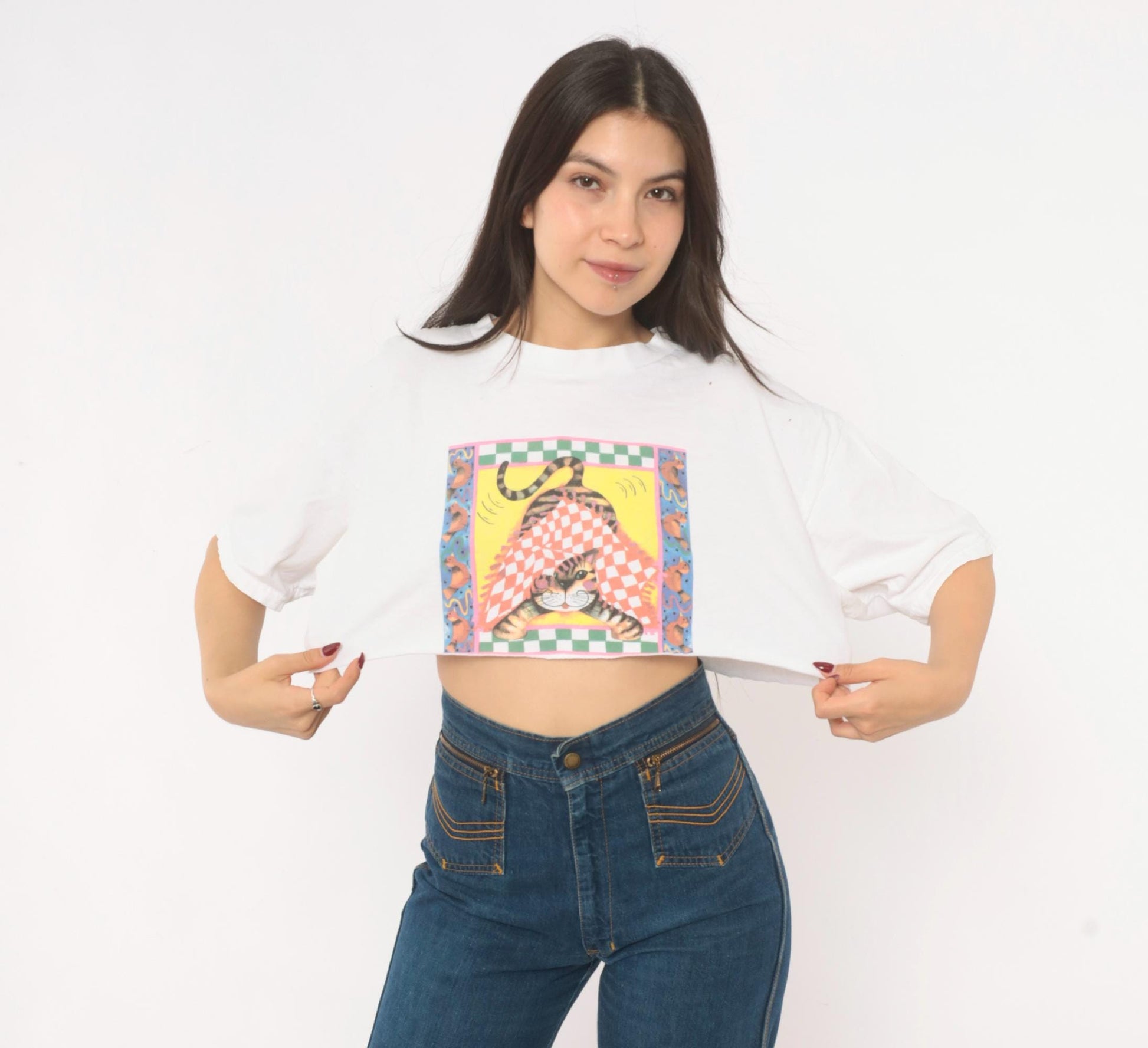 90s Fruit Of The Loom Cat Checkered Graphic Crop Top White Cotton Medium