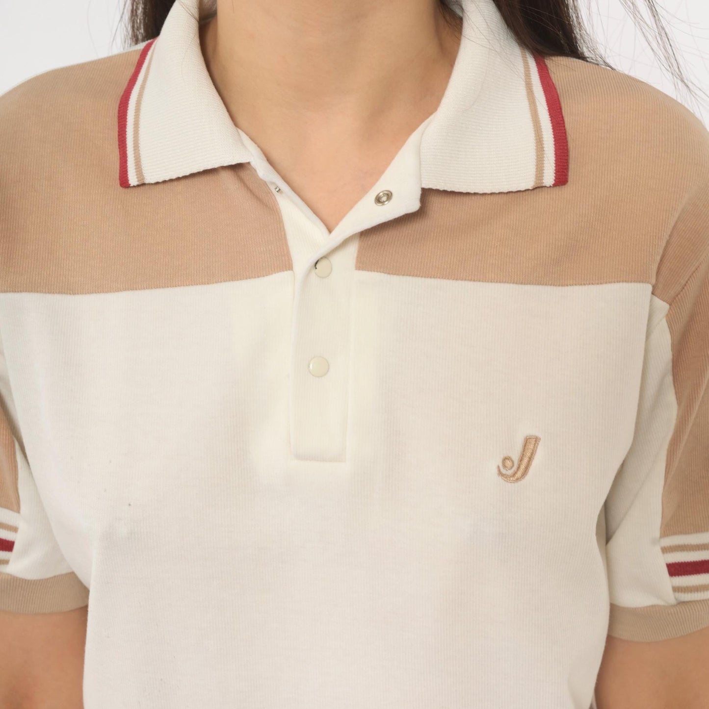 80s Jantzen Polo Cream Tan Color Block Snap Button Knit Top Small S