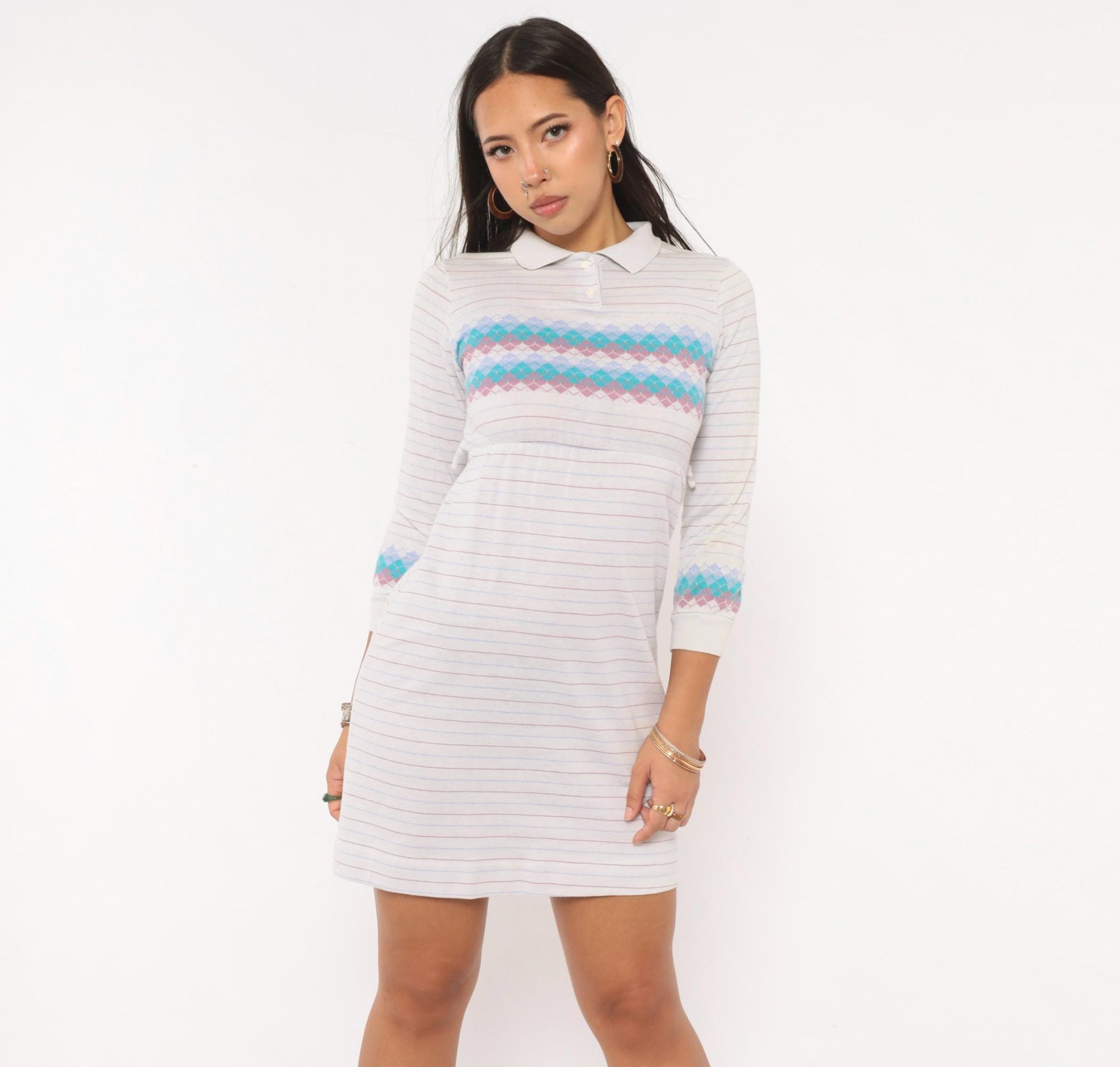 80s Health-Tex Argyle Polo Dress Grey Teal Lavender Mini Cotton XS