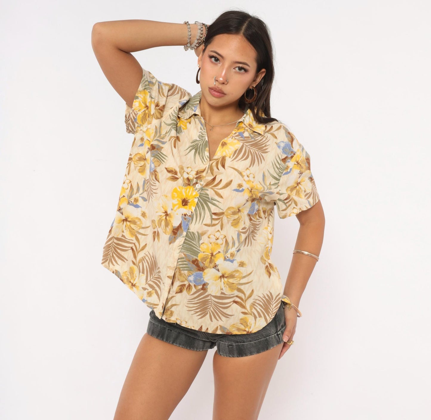 2000s Erika Hawaiian Camp Collar Shirt Cream Floral Yellow Palm Large L