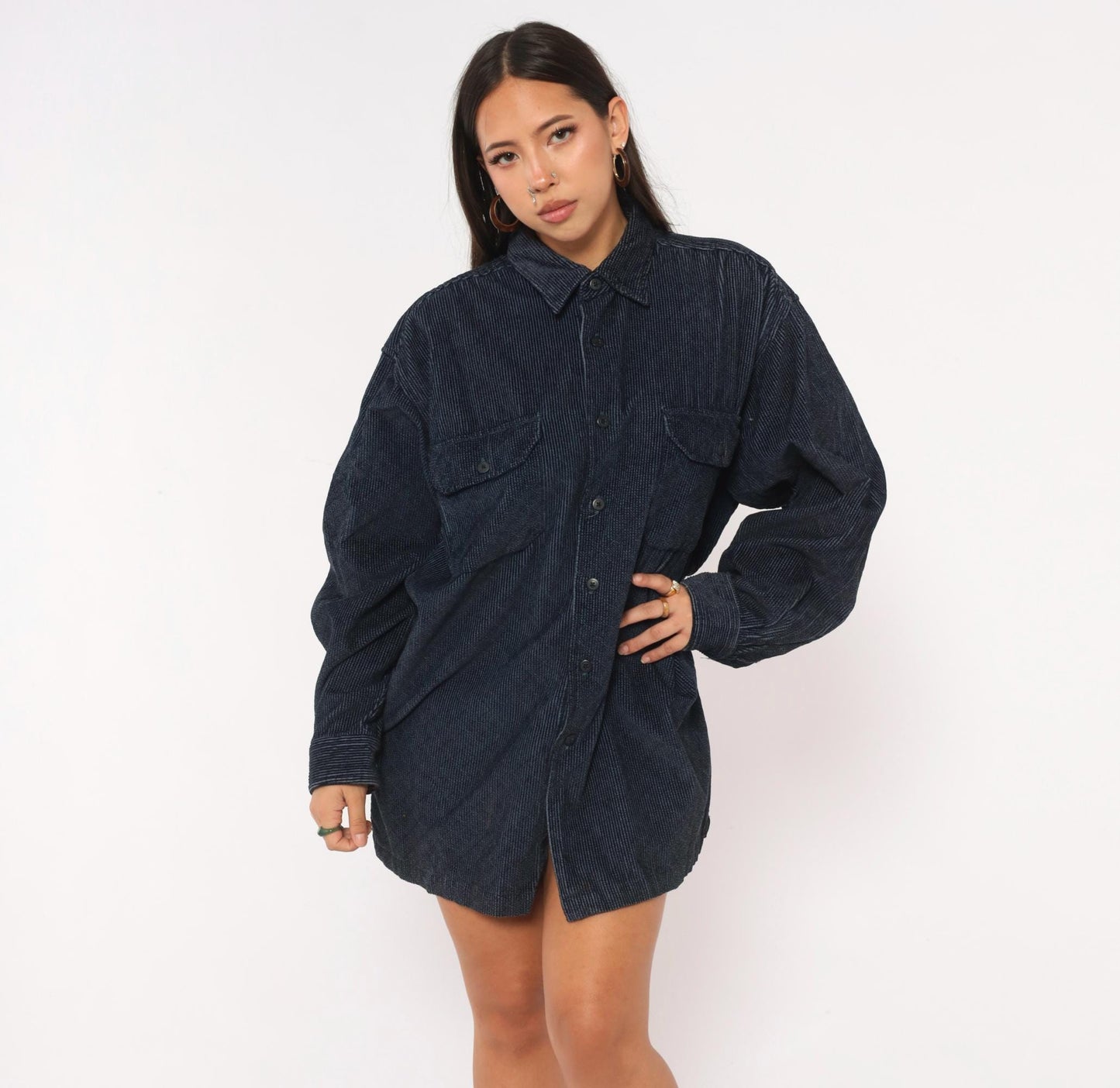 90s World Island Navy Corduroy Button-Up Shirt Cotton Large L
