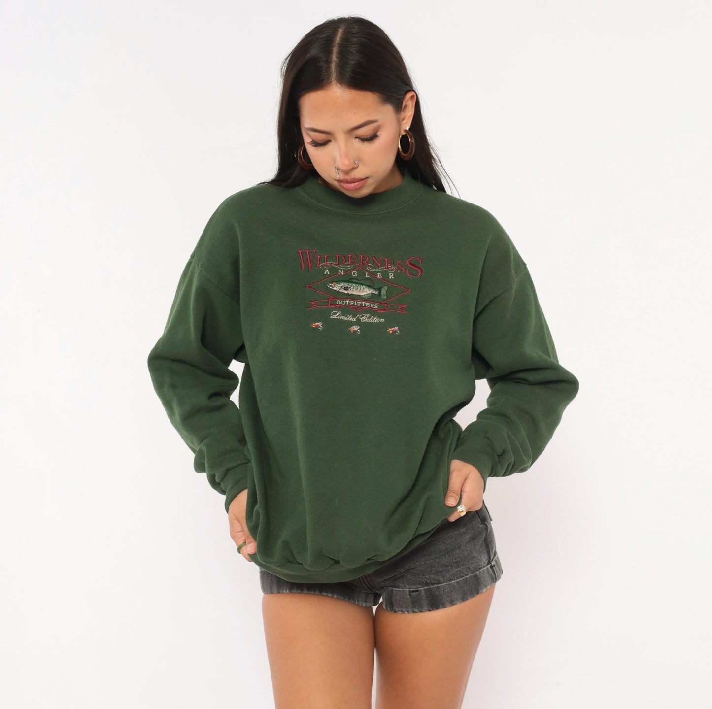 90s Tultex Wilderness Angler Embroidered Fish Sweatshirt Olive Green Large L