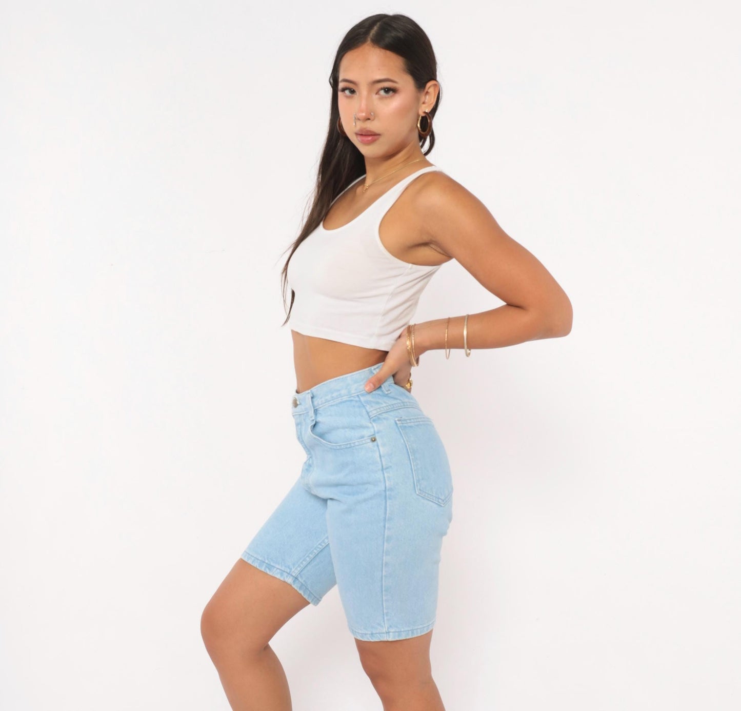 90s Bonjour Light Wash Denim Bermuda Shorts High Rise Button Fly Women's 26