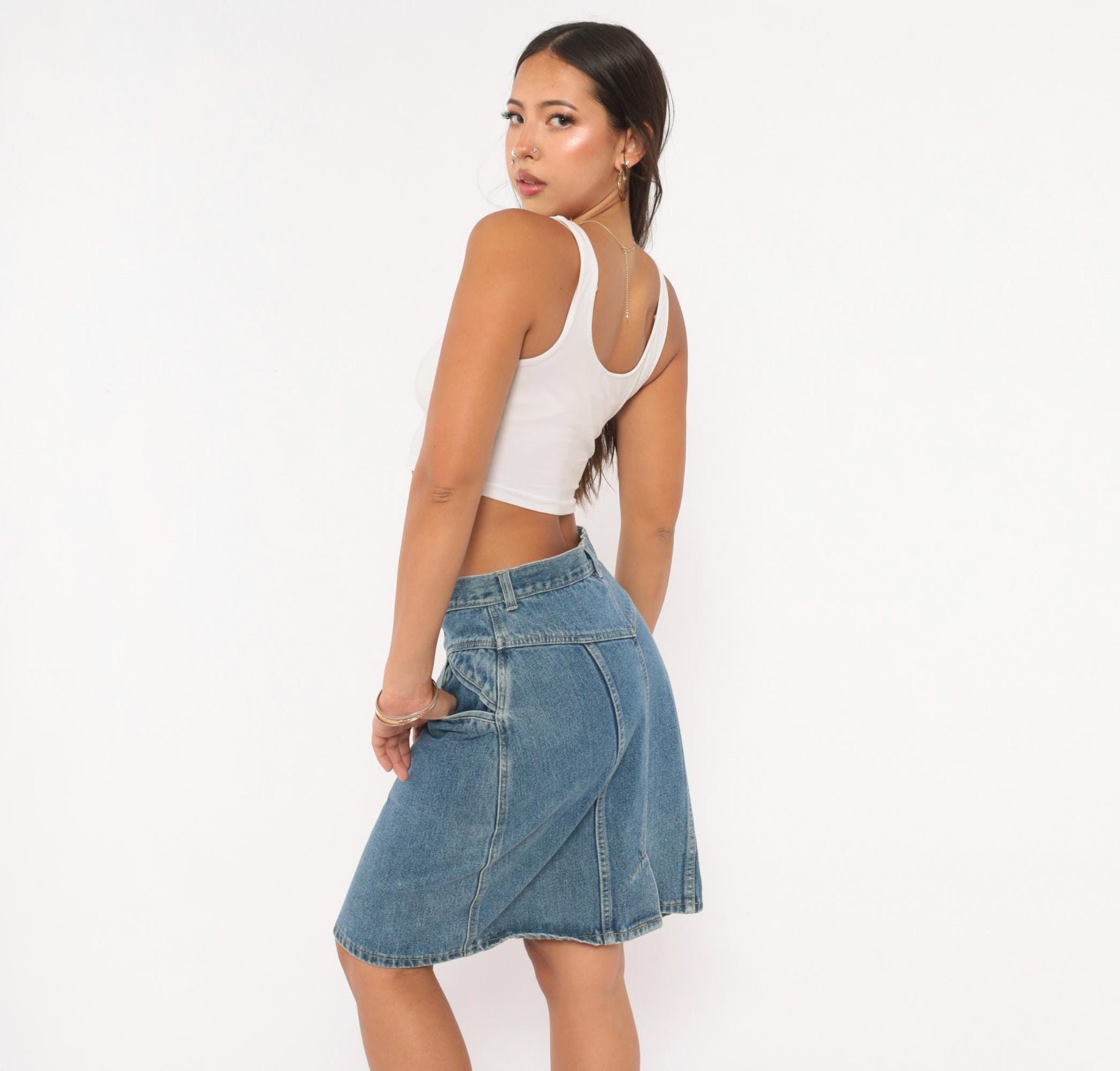 90s Stefano Denim Pencil Skirt High Waist Paneled Seam Blue Cotton Medium M