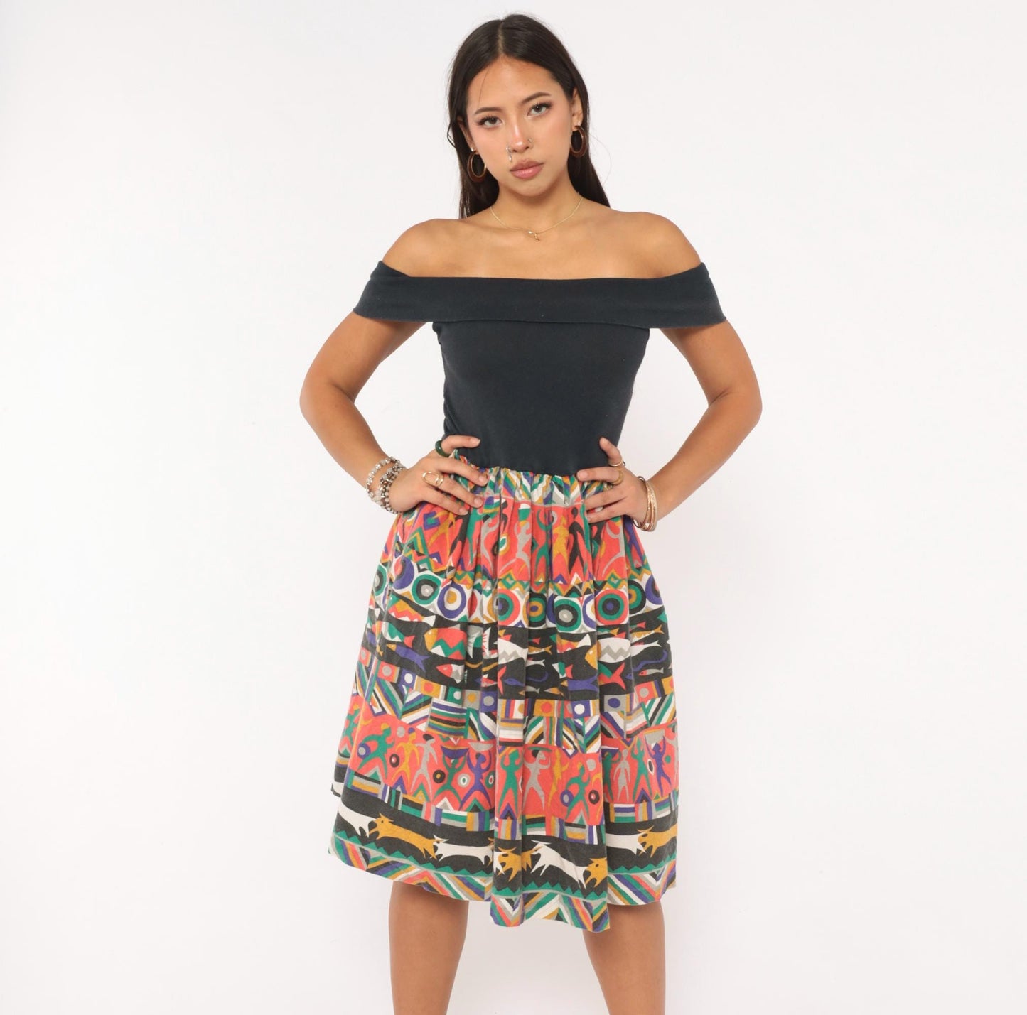 90s Victoria Off-Shoulder Dress Black Multicolor Fish Print Knee-Length Small S