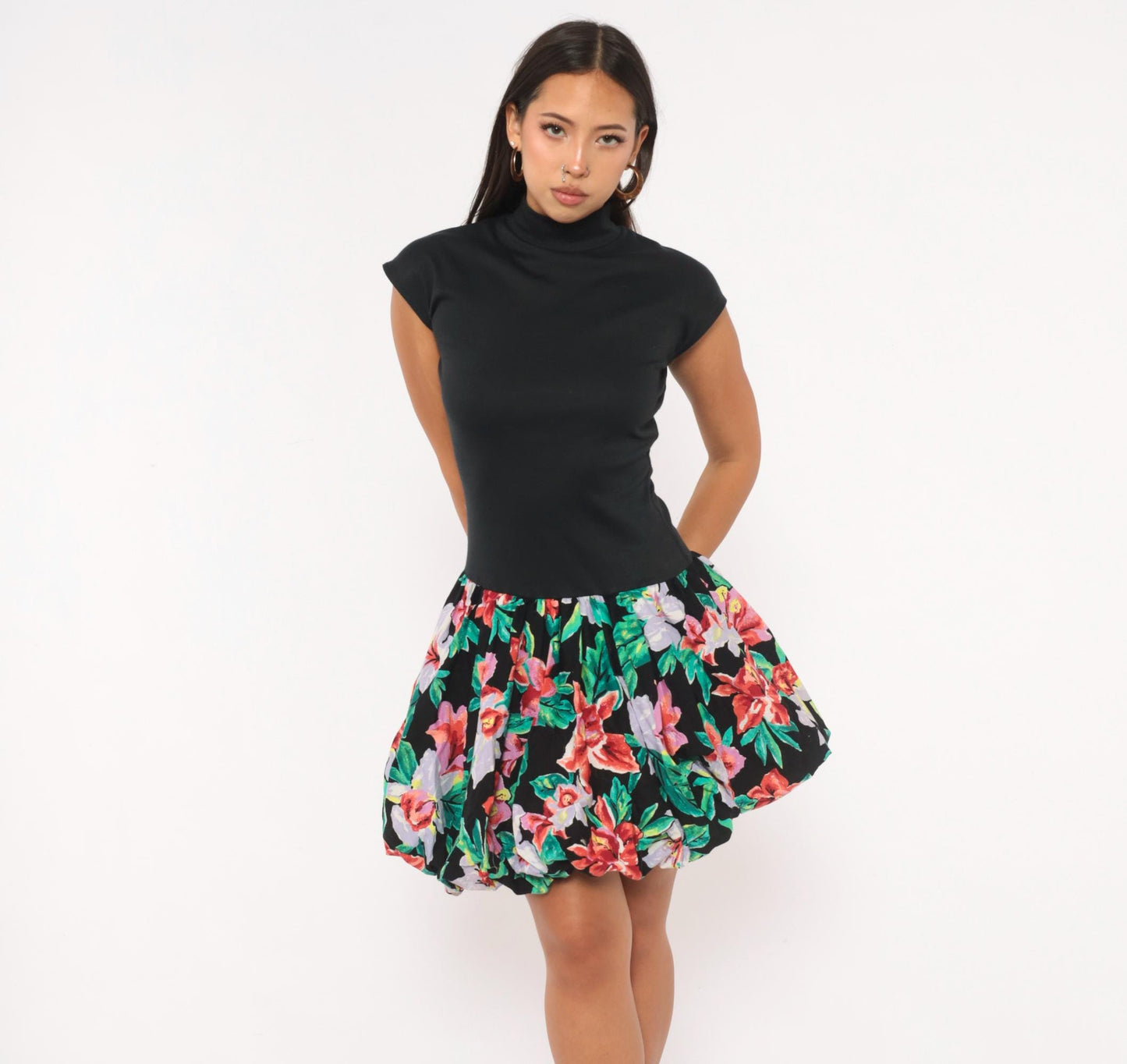 80s Byer Too! Floral Bubble Mini Dress Mock Neck Cap Sleeve Black Small