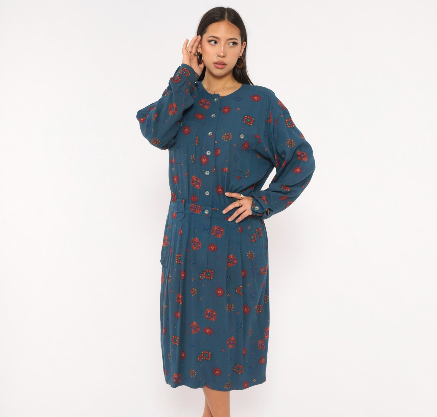 90s Liz Claiborne Geometric Folk Midi Dress Navy Button Front Extra Large XL