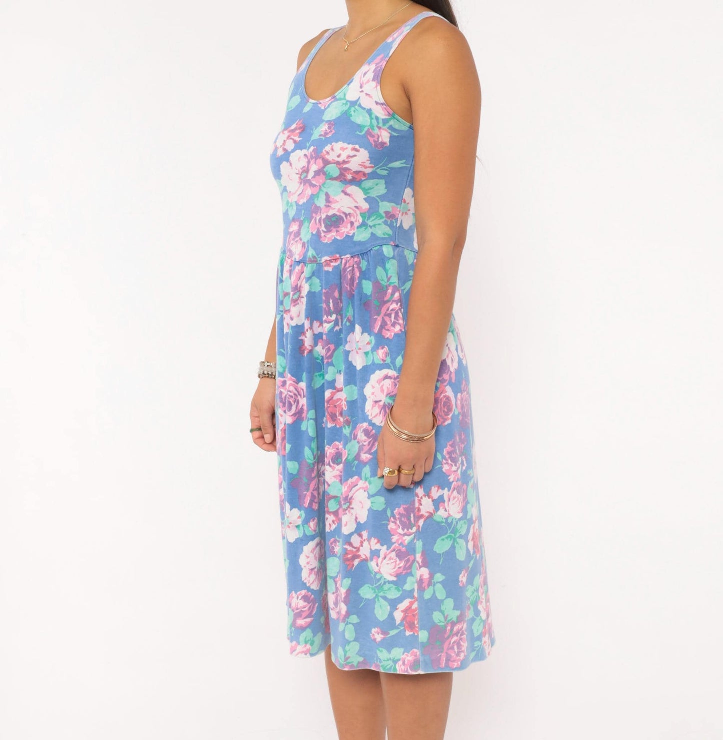 80s Periwinkle Floral Sundress Rose Print Gathered Skirt Knee Length XS