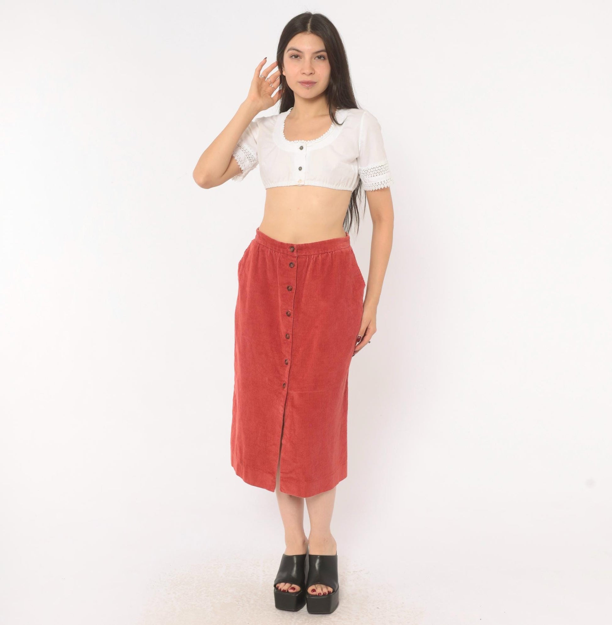 80s The Lilly Corduroy Midi Skirt Button Front A-Line Rust Small S