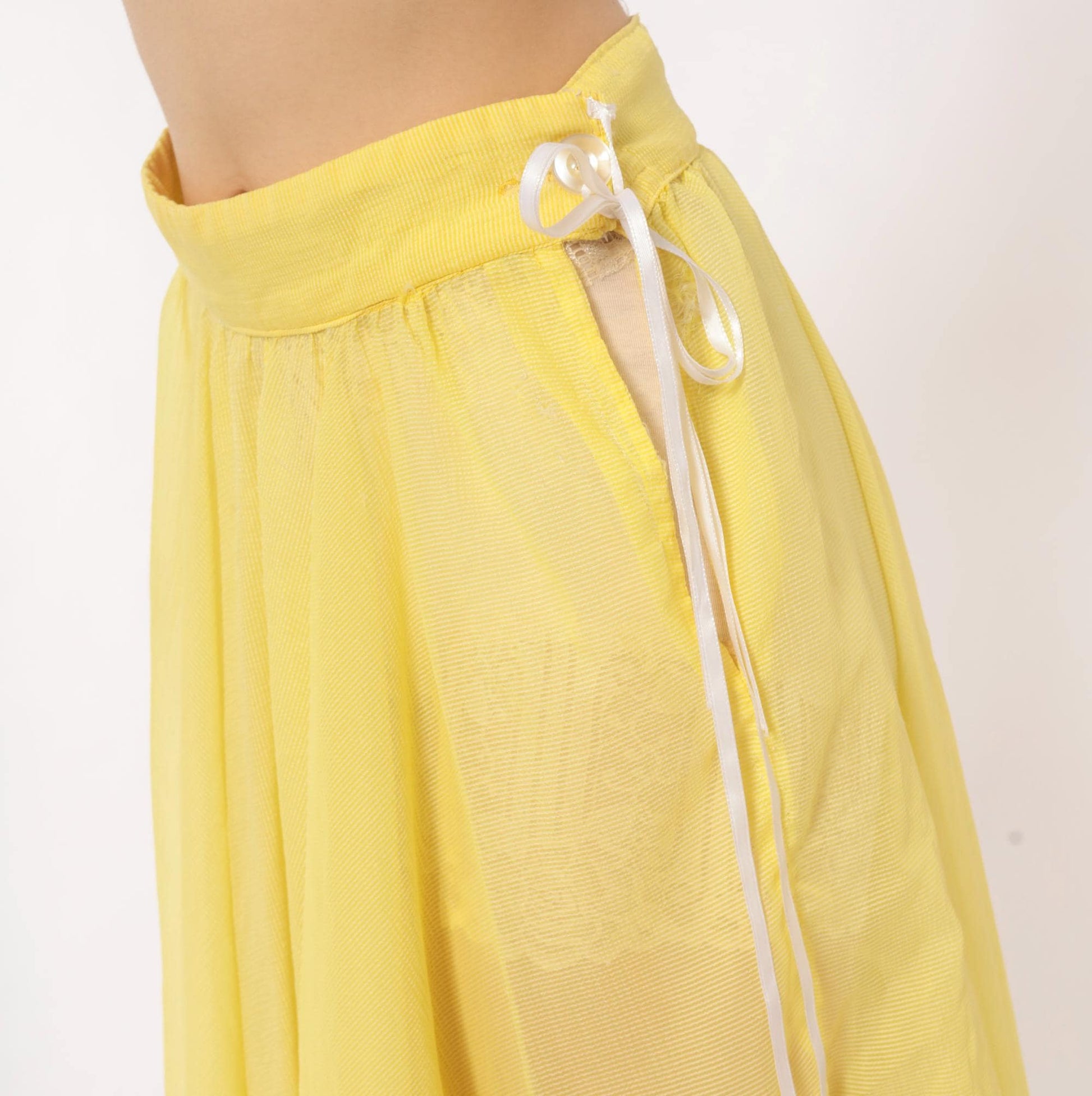 80s Yellow Sheer Circle Skirt Midi Ribbon Tie Lemon Chiffon Small