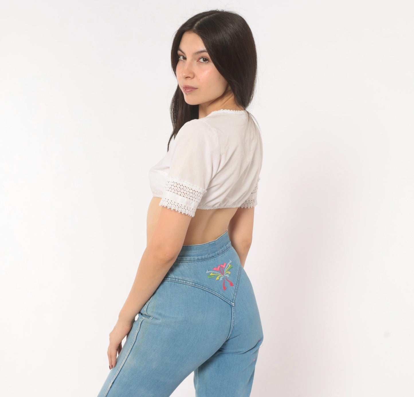 70s Glad Rags High Waist Straight Leg Jeans Light Blue Floral Embroidered Small
