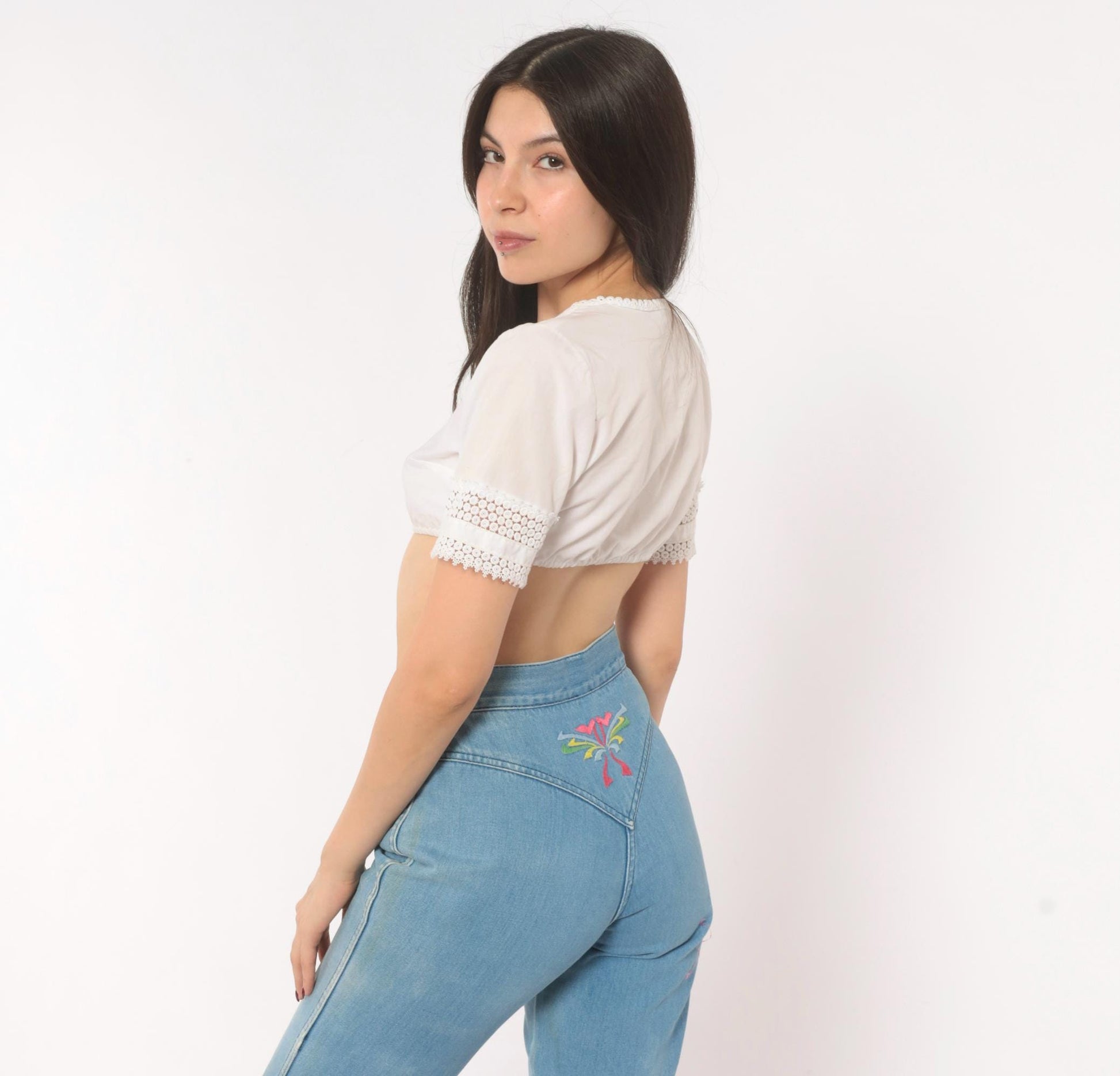 70s Glad Rags High Waist Straight Leg Jeans Light Blue Floral Embroidered Small