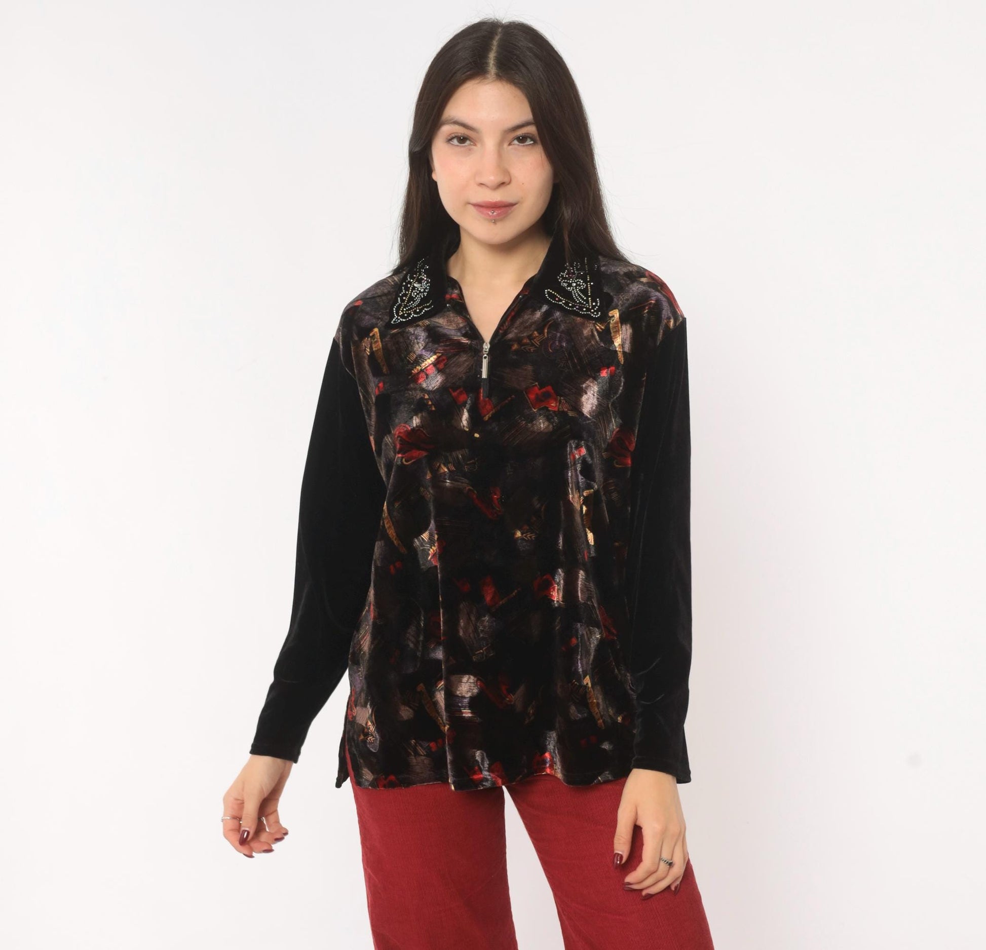 90s Black Velvet Blouse Rhinestone Collar Painterly Print Long Sleeve Medium M