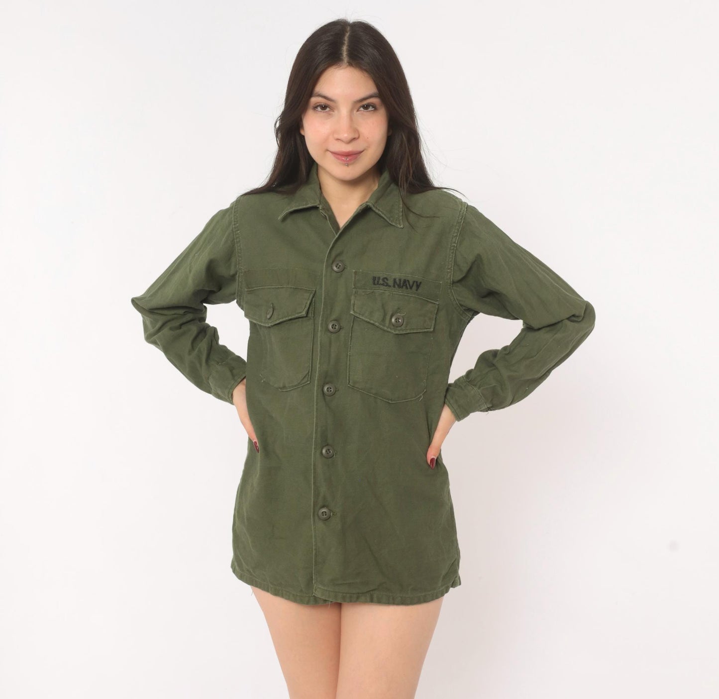 80s U.S. Navy Utility Shirt Olive Drab Cotton Military Field Top Medium