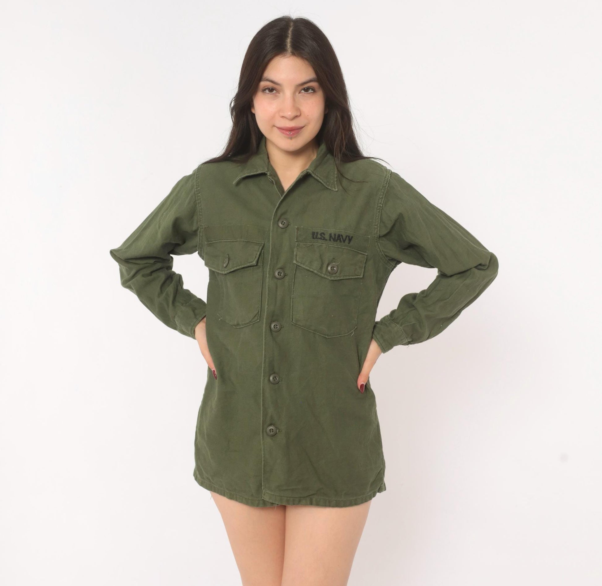 80s U.S. Navy Utility Shirt Olive Drab Cotton Military Field Top Medium