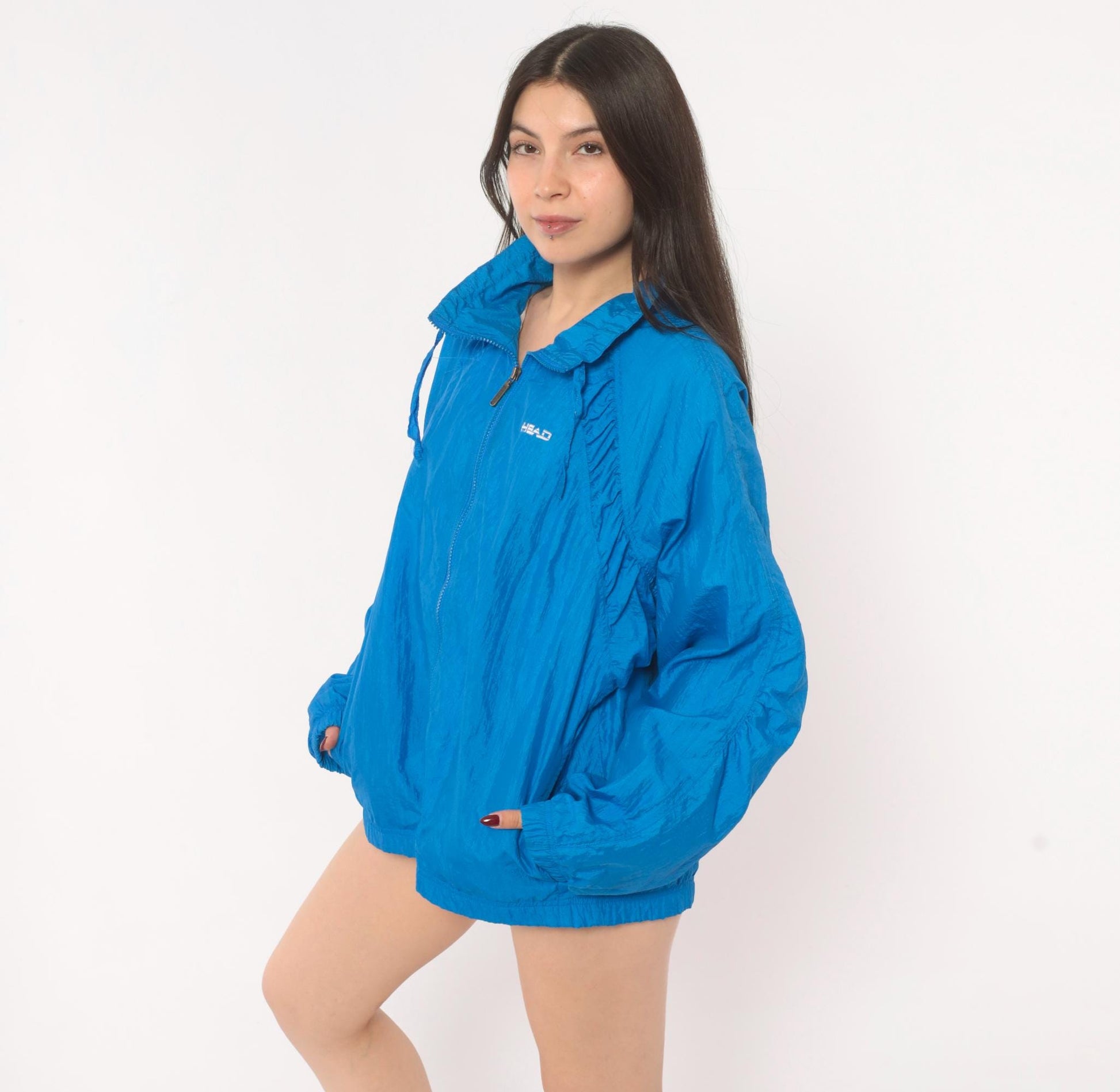 90s Head Windbreaker Cobalt Blue Nylon Zip Jacket Medium