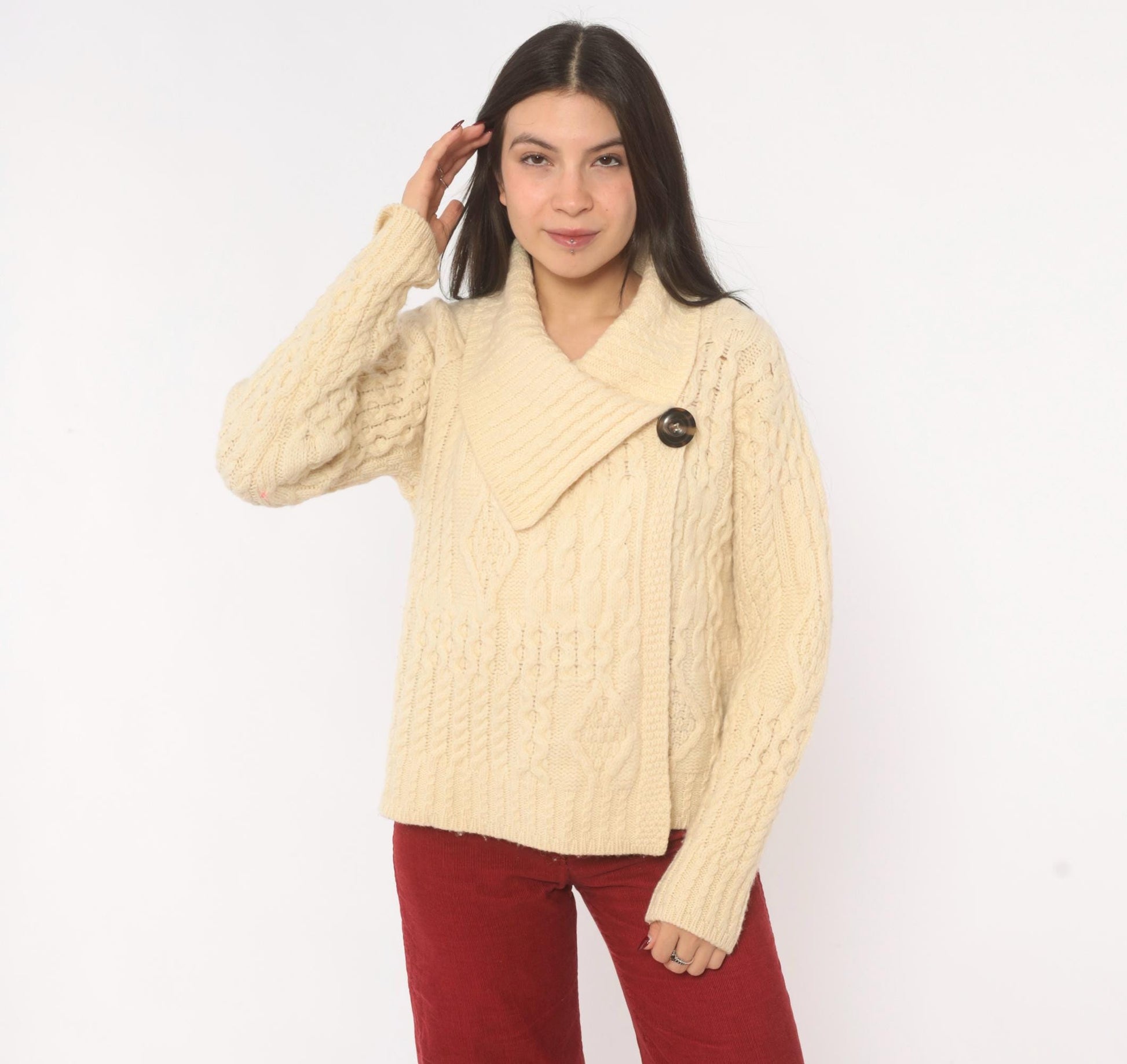 80s Arancrafts Aran Cable Knit Cardigan Cream Wool Shawl Collar Small S