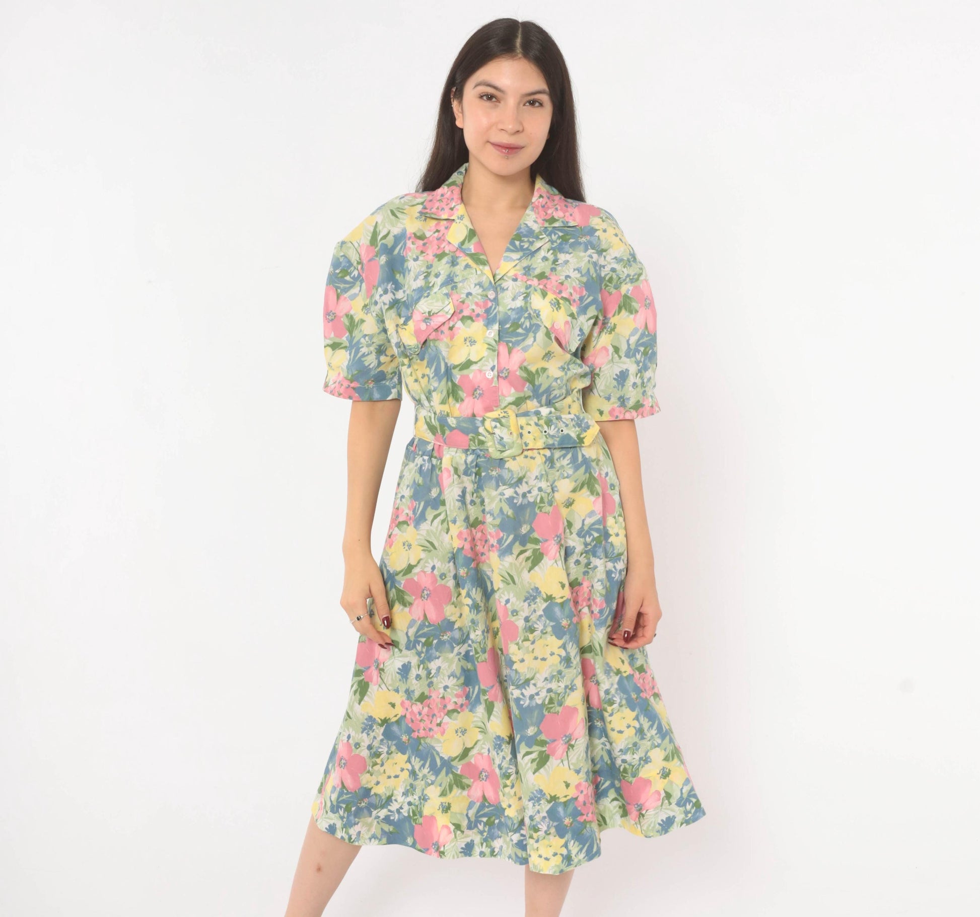 80s Cabrais Floral Midi Shirtdress Puff Sleeve Belted Pink Garden Medium
